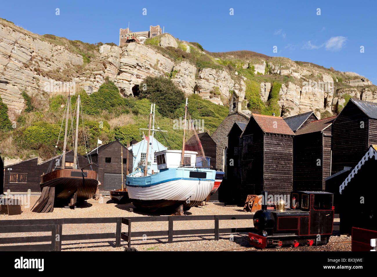 Il Rock-a-area di Nore e Stade a Hastings in East Sussex, Regno Unito Foto Stock