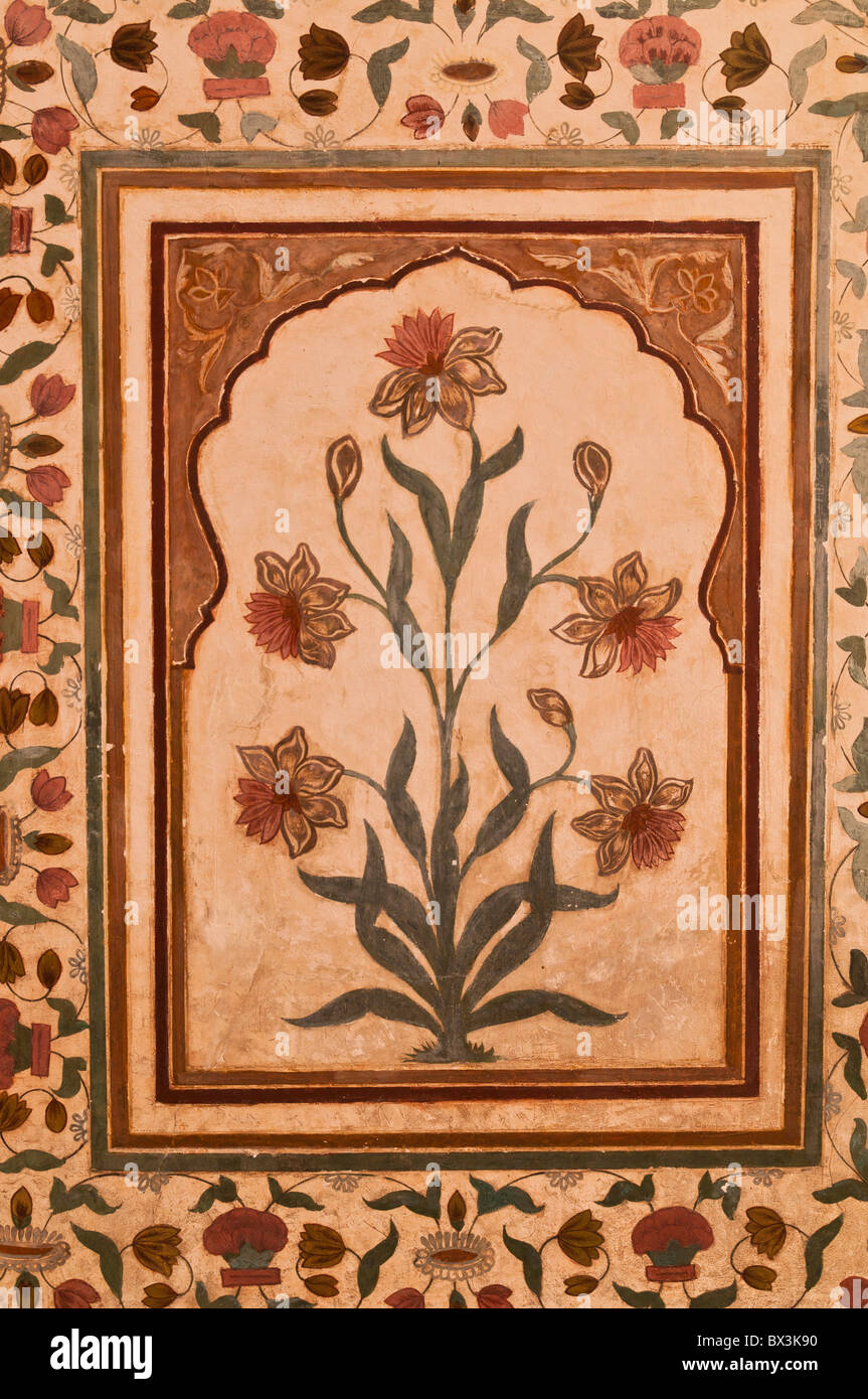 Parete dipinta, Ambra Fort, Jaipur, Rajasthan, India Foto Stock