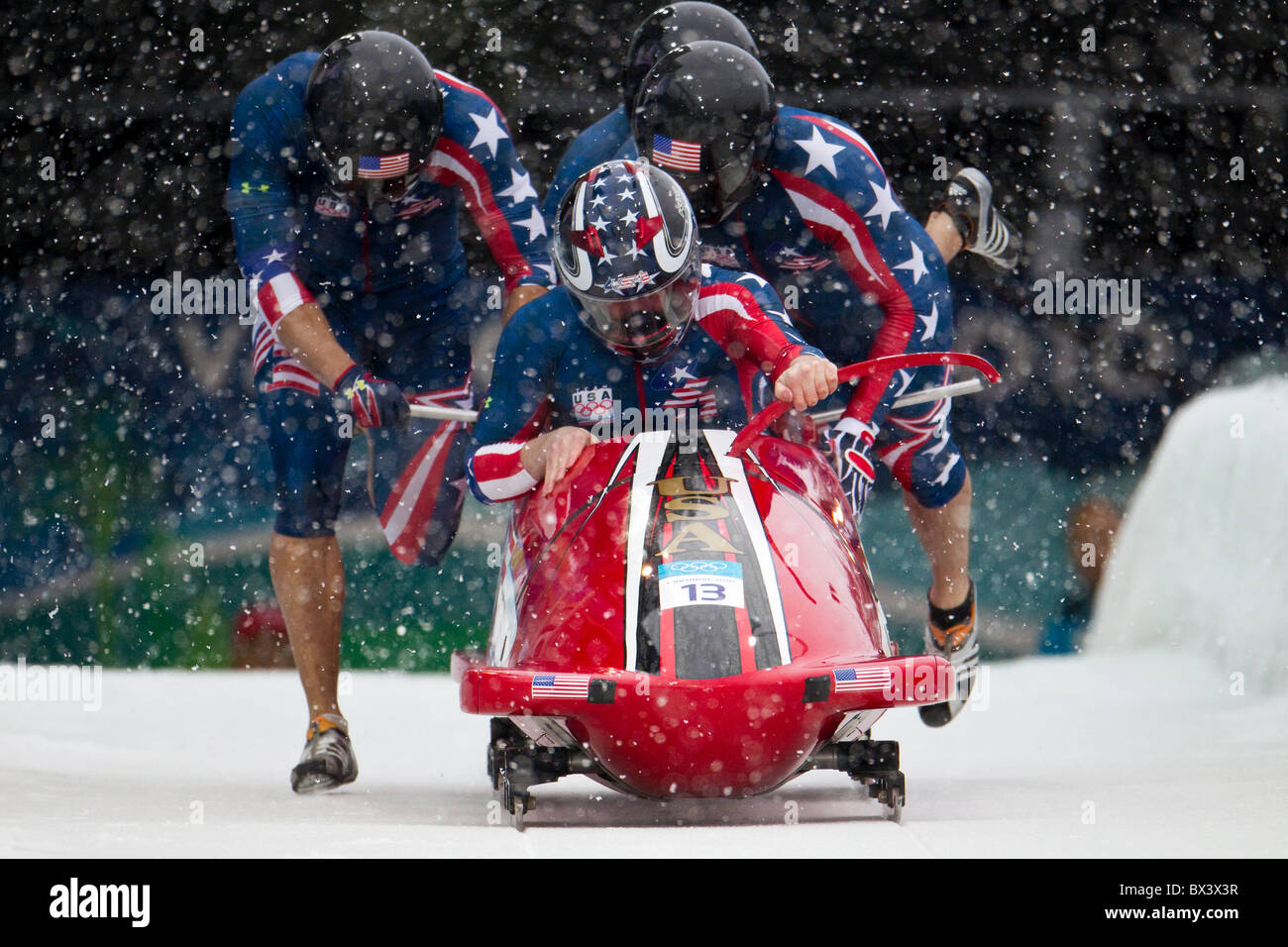 Invernali di Vancouver 2010; Mens 4-uomo Bob; Team USA USA3 KOHN Mike CUNNINGHAM Nick MORIARTY Jamie SCHUFFENHAUER Bill Foto Stock