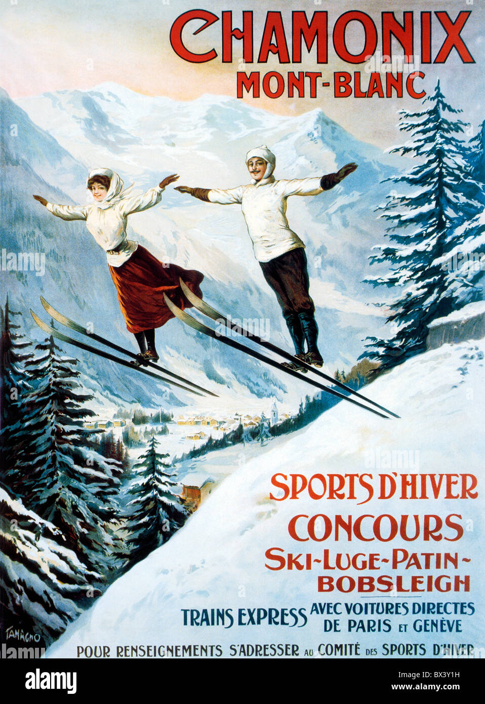 Chamonix, sport DHiver, 1904 poster per l'Alpino Francese per gli sport invernali all'ombra di Mont Blanc Foto Stock