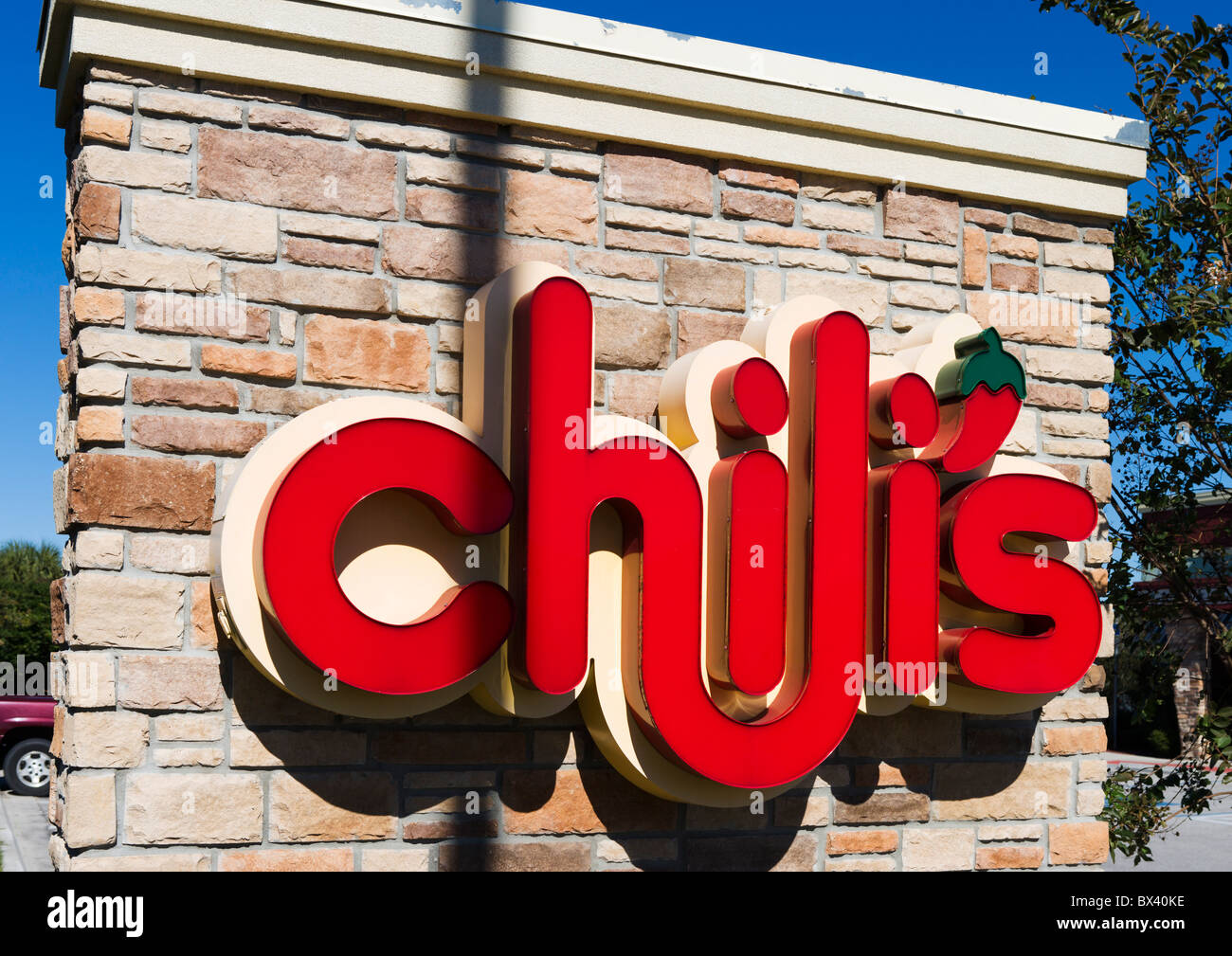 Segno esterno ristorante Chili's, Eagle Ridge Mall, il lago del Galles, Central Florida, Stati Uniti d'America Foto Stock