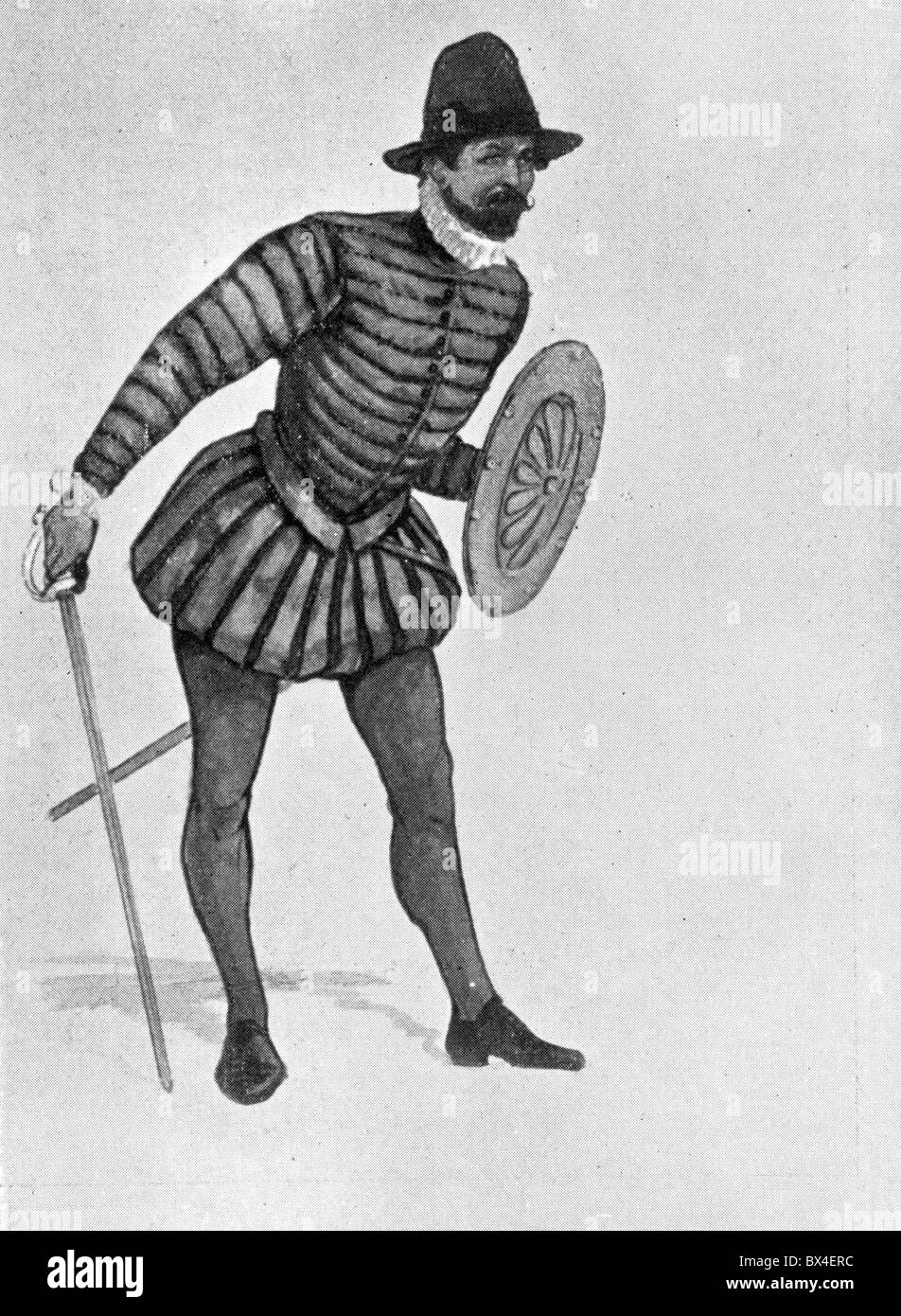 I costumi indossati in Inghilterra durante lo Shakespeare's tempo; una spada e scudo uomo; Bianco e Nero illustrazione; Foto Stock