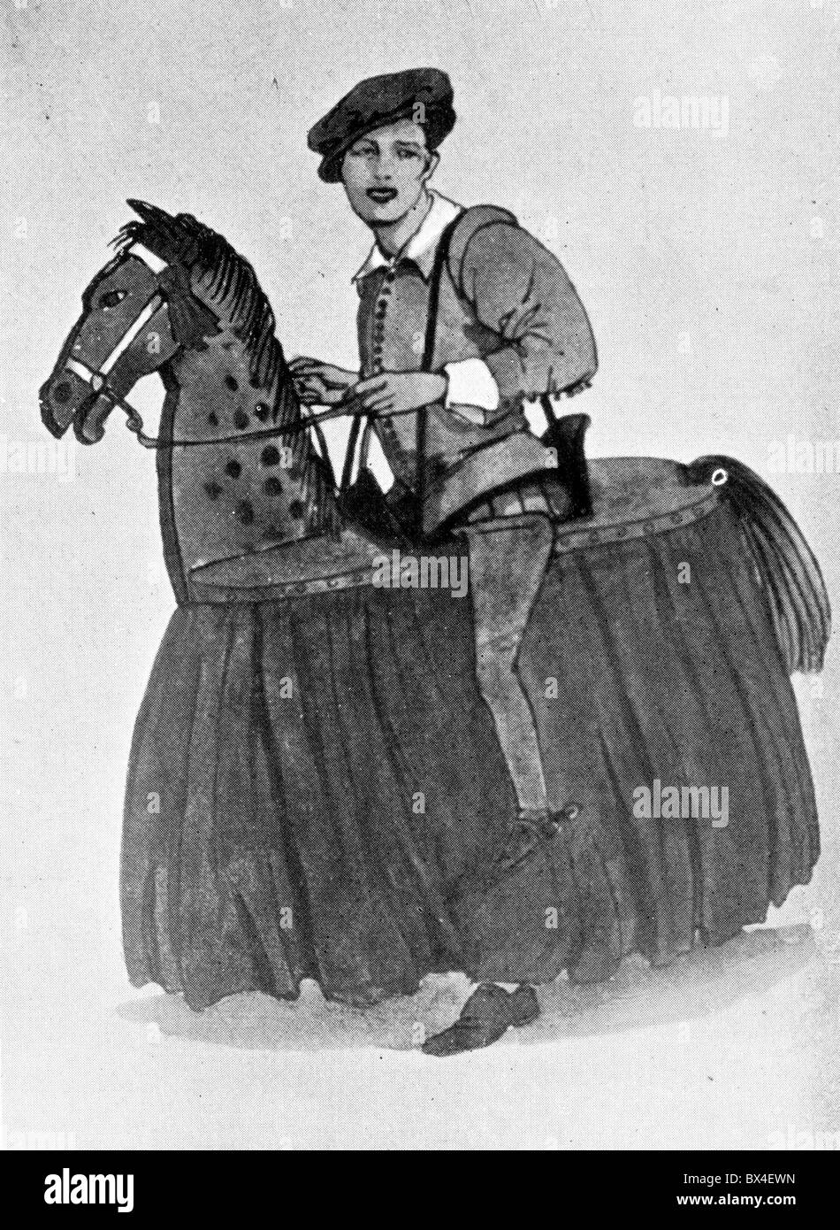 I costumi indossati in Inghilterra durante lo Shakespeare's tempo; un hobby cavallo; Bianco e Nero illustrazione; Foto Stock