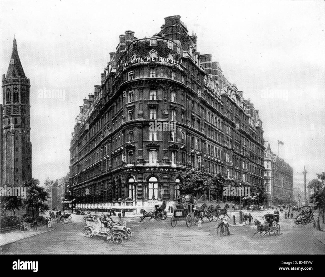 L'Hotel Metropole Londra circa 1910; mano enhanced foto in bianco e nero Foto Stock