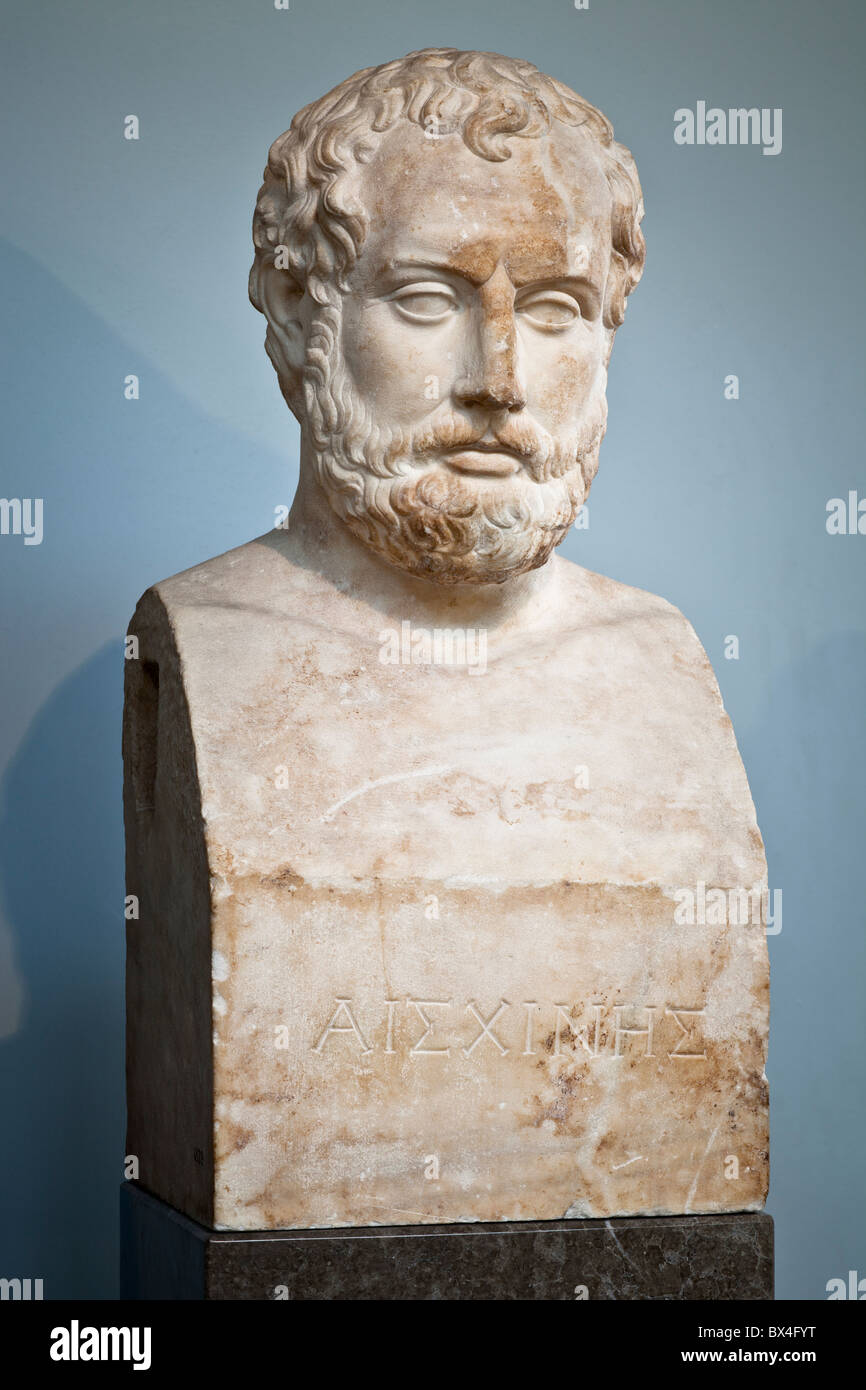 Inscritto ritratto herm del Greco oratore e statista Aeschines. Copia romana di un originale greco della fine del IV secolo A.C. Foto Stock