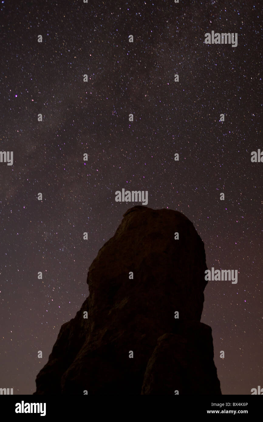 Silhouette monolitico di formazioni di roccia vulcanica e il cielo notturno di stelle a Città di roccia del parco statale nel Nuovo Messico, Stati Uniti d'America. Foto Stock