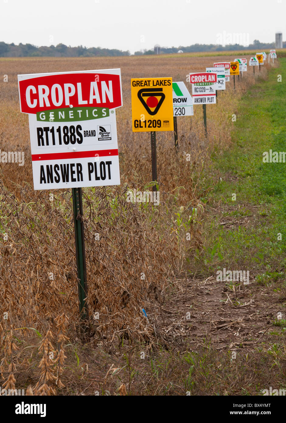 San Nazianz, Wisconsin - marchio di segni differenti varietà di raccolto in un campo di semi di soia, comprese le colture geneticamente modificate. Foto Stock