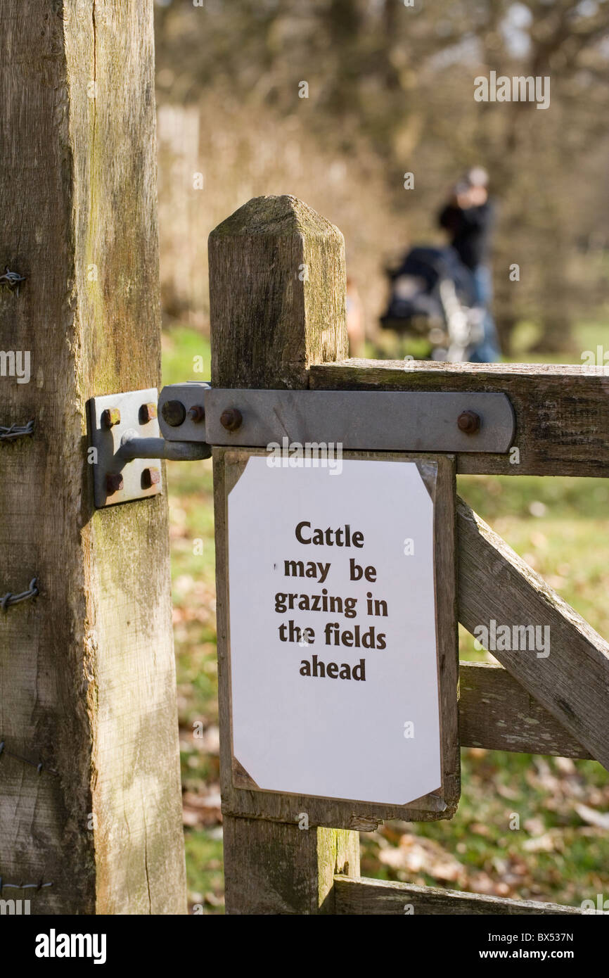 Proprietario terriero del segno di avvertimento a voce a un sentiero pubblico; dicendo, ' bovini può essere pascolare nei campi Avanti'. Norfolk. Foto Stock