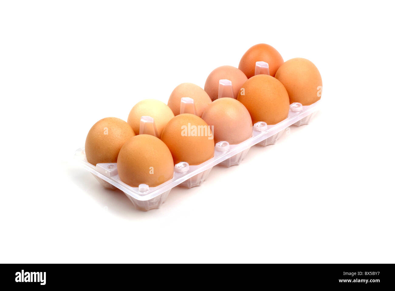 Dozzina di uova di colore marrone nella confezione di plastica isolati su sfondo bianco. Foto Stock