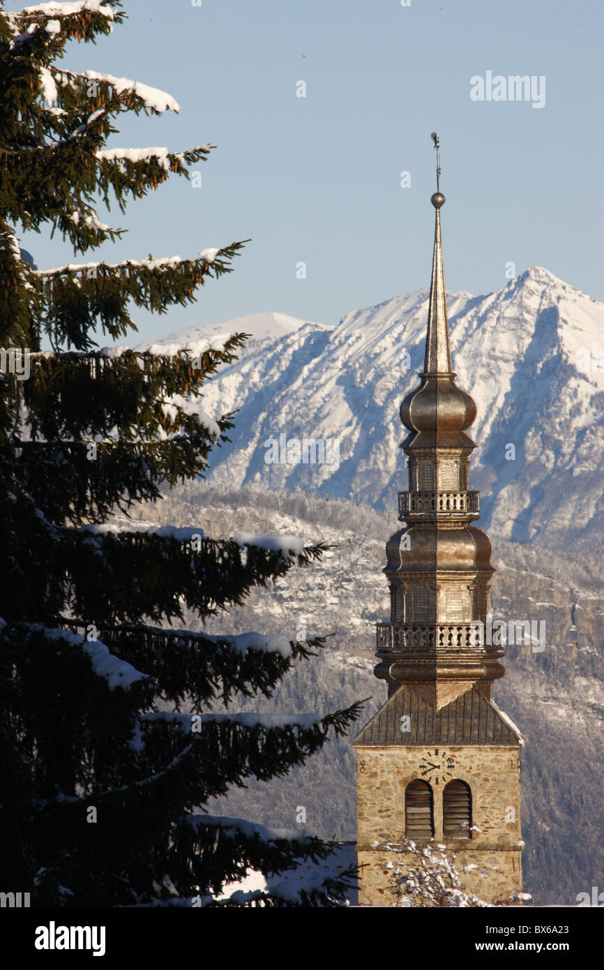 Combloux chiesa guglia, Combloux, Haute Savoie, Francia, Europa Foto Stock