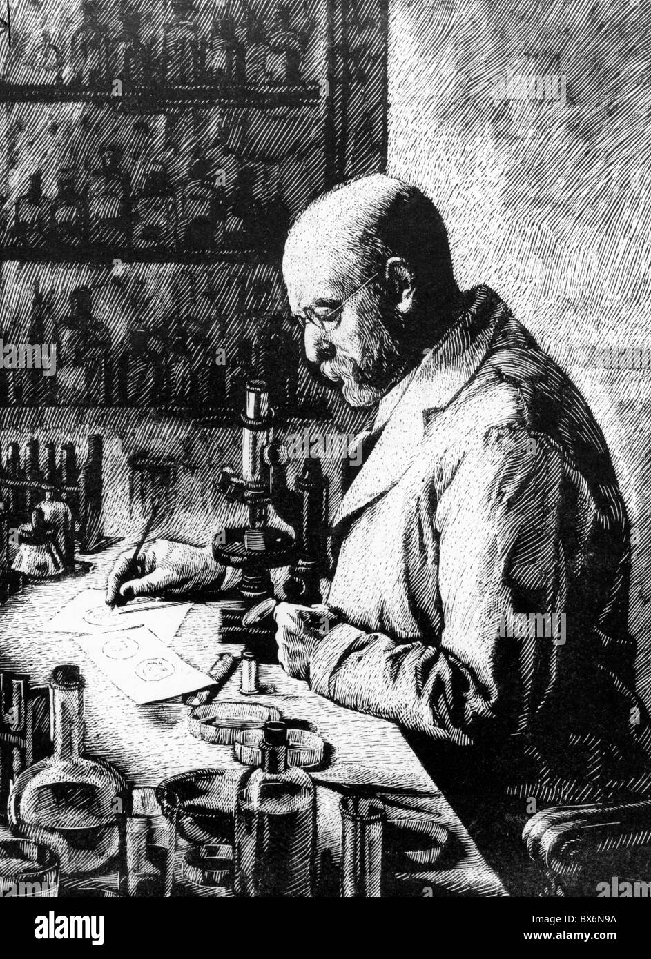 Koch, Robert, 11.12.1843 - 27. 5.1910, medico tedesco, lavorazione, incisione su legno, 1st metà 20th secolo, Foto Stock