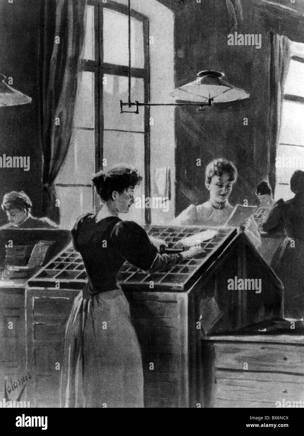 Persone, professioni, tipografi, tipografi femminili, stampa dopo disegno di Colanus, Germania, 1894, diritti aggiuntivi-clearences-non disponibile Foto Stock
