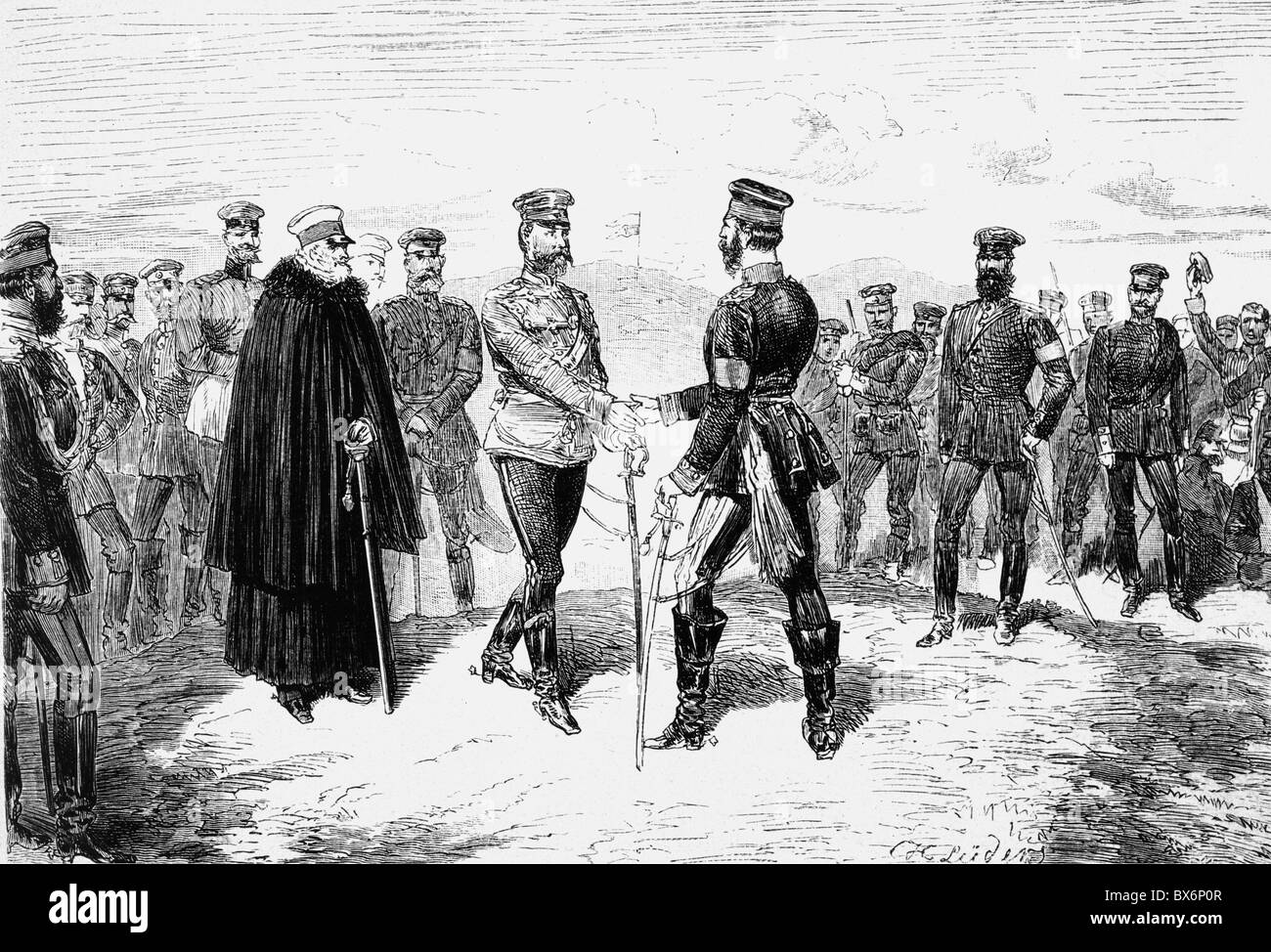 Eventi, seconda guerra dello Schleswig 1864, Battaglia di Dybbol, 18.4.1864, il principe Federico Carlo e il principe ereditario Federico Guglielmo si incontrano sulle redoubt catturate, incisione del legno dopo disegno di Hermann Lueders, 19 ° secolo, incontro, Guerre di unificazione tedesca, ufficiale, ufficiali, generale, generale, militare, prussiano, storico, Germania, Danimarca, tedesco, danese, Field maresciallo Friedrich von Wrangel, People, Additional-Rights-Clearences-not available Foto Stock