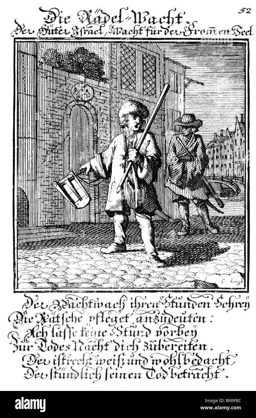 Persone, professioni guardiano notturno, incisione su rame da 'Staendebuch' di Christoph Weigel, 1698, con versi da Abramo a Santa Clara, , artista del diritto d'autore non deve essere cancellata Foto Stock