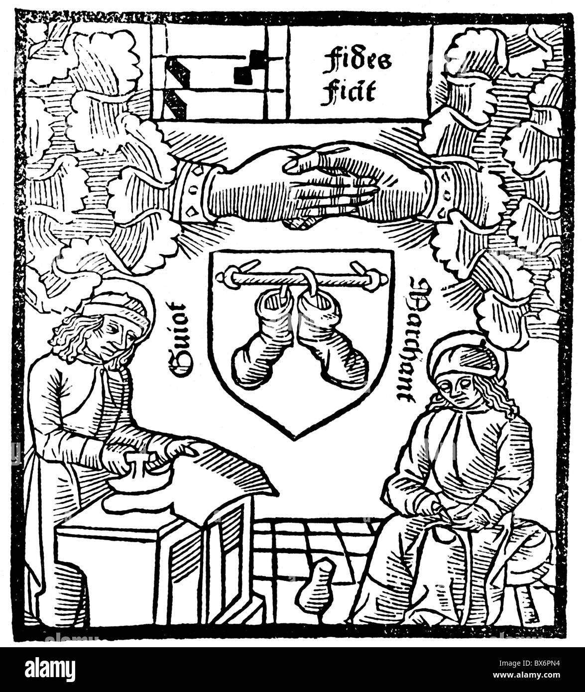 Artigianato, gilde, segno di gilda dei calzolai, taglio di legno, Faustus Andrelinus, Parigi, 1494, diritti aggiuntivi-clearences-non disponibile Foto Stock