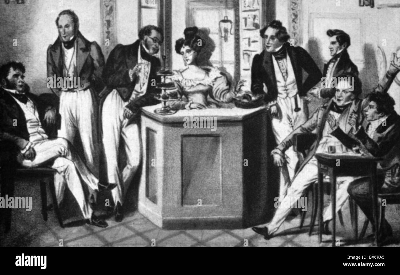 Lanner, Joseph, 11.4.1801 - 14.4.1843, compositore austriaco, scena, con Johann Strauss i e Ferdinand Raimund in una caffetteria a Vienna, litografia, 19th secolo, Foto Stock