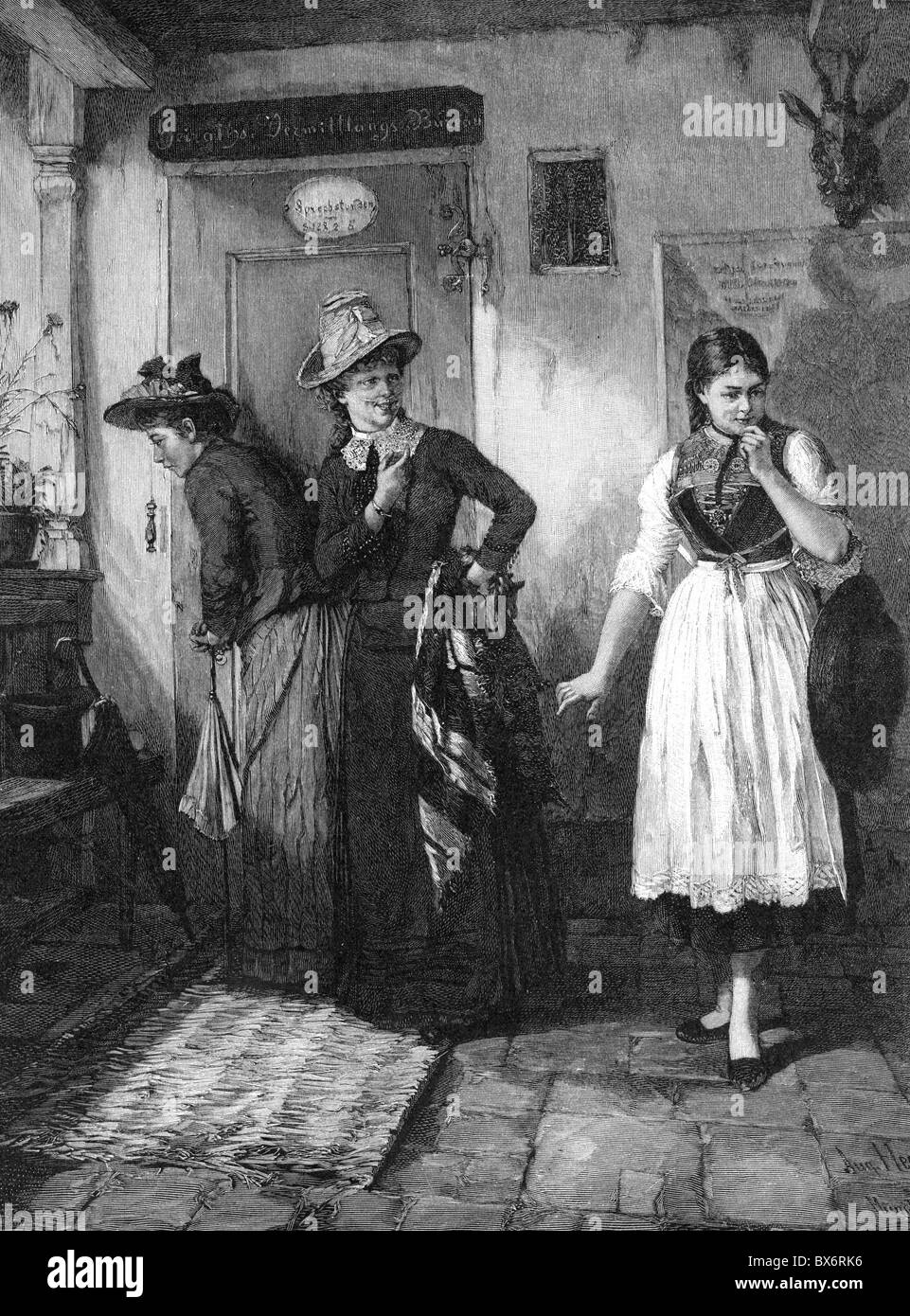 Persone, donne, 19 ° secolo, di fronte all'ufficio matchmakers, incisione del legno dopo la pittura di August Heyn, circa 1880, , Additional-Rights-Clearences-non disponibile Foto Stock
