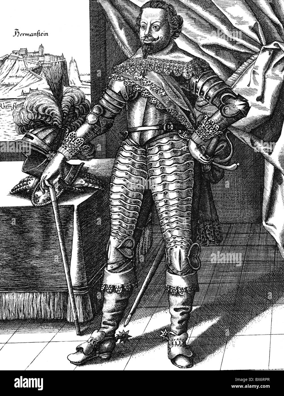 Werth, Johann von, circa 1595 - 16.9.1652, generale imperiale, a piena lunghezza e incisione su rame da Berhard Fuerst, 1637, fortezza Hermanstein (oggi Ehrenbreitstein) in background, , artista del diritto d'autore non deve essere cancellata Foto Stock