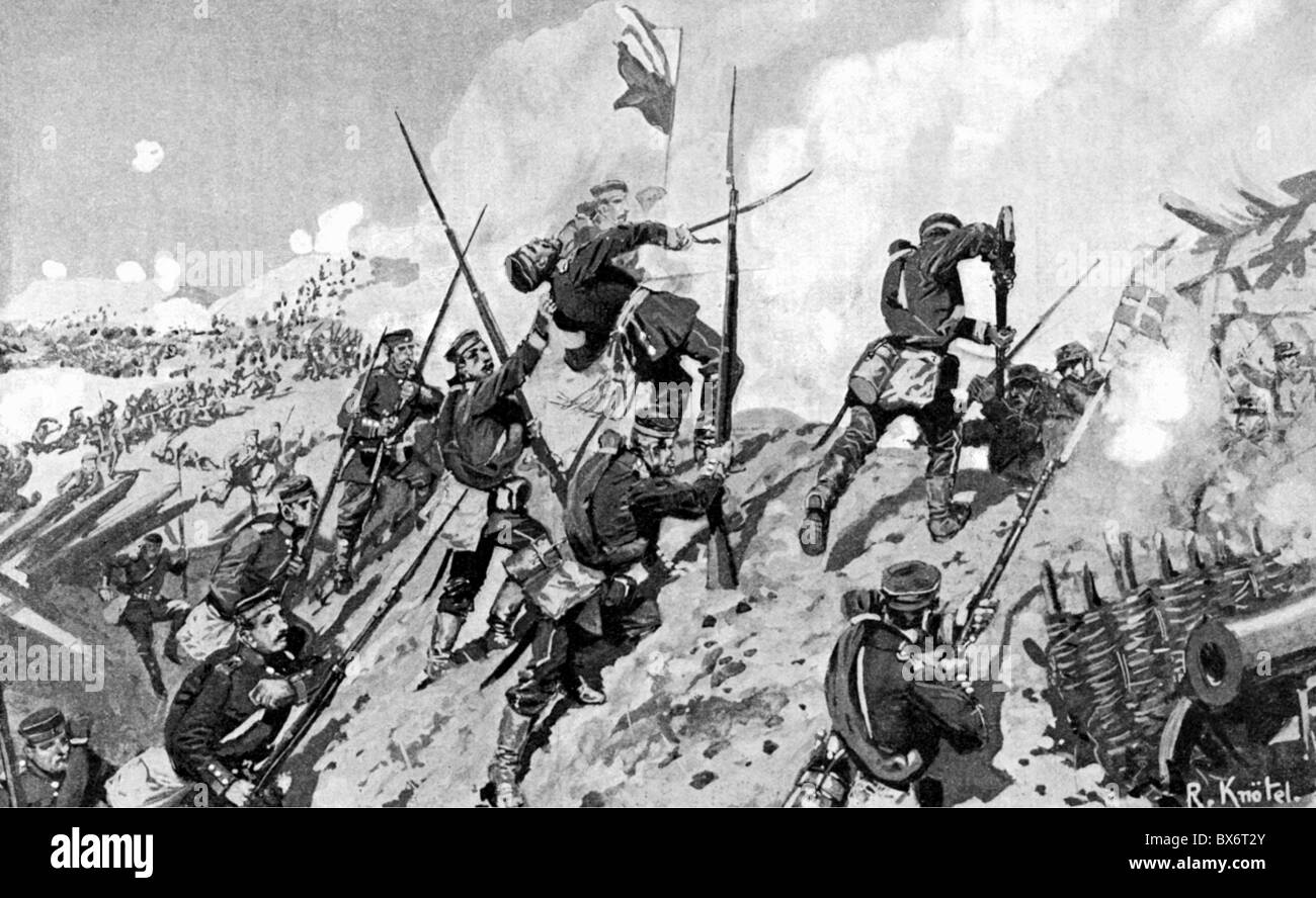Eventi, seconda guerra dello Schleswig 1864, Battaglia di Dybbol, 18.4.1864, truppe prussiane che assaltano i redoubt danesi, disegno di Richard Knoetel (1857 - 1914), 19 ° secolo, Danimarca, Germania, Prussia, soldati, attacco, carica, Guerre di unificazione tedesca, assalto, esplosione, storico, lotta, lotta, redoubt, trenchacking, armi, non disponibili, armi, armi aggiuntive, armi, non disponibili Foto Stock