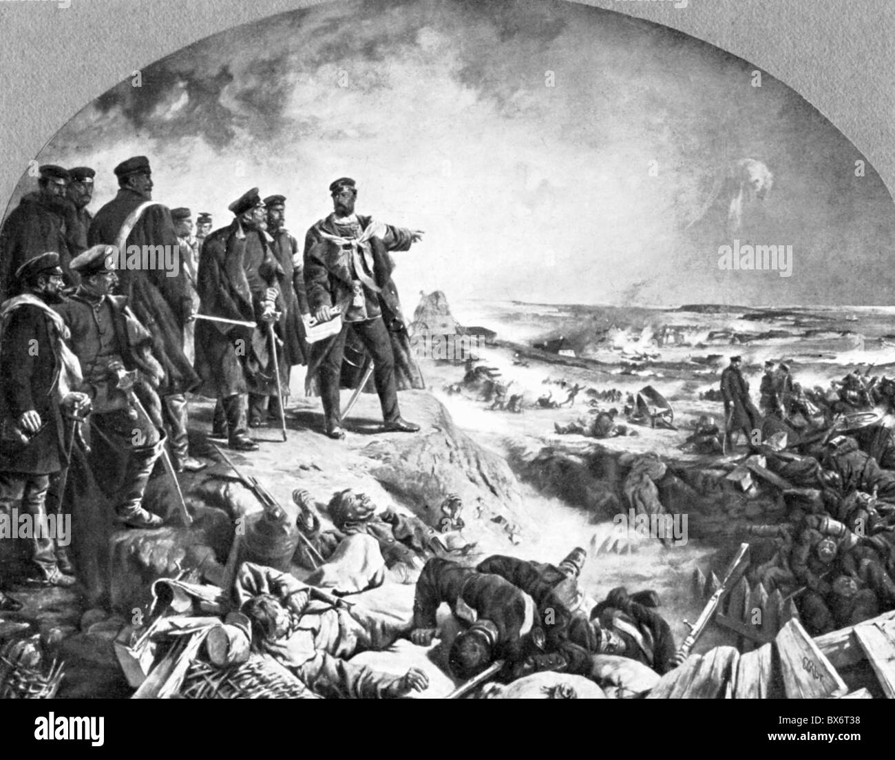 Eventi, seconda guerra dello Schleswig 1864, Battaglia di Dybbol, 18.4.1864, Principe Federico Carlo di Prussia con il suo staff sui rossi danesi catturati, stampa dopo pittura di E. Roeber, redoubt, pergamena, trentenchments, Guerre di unificazione tedesca, ufficiale, ufficiali, generale, generale, generale, generale, militare, prussiano, storico, Germania, Danimarca, tedesco, ucciso, soldati caduti, caduti Cadaveri, cadaveri, campo di battaglia, XIX secolo, Rober, Röber, persone, diritti aggiuntivi-clearences-non disponibili Foto Stock