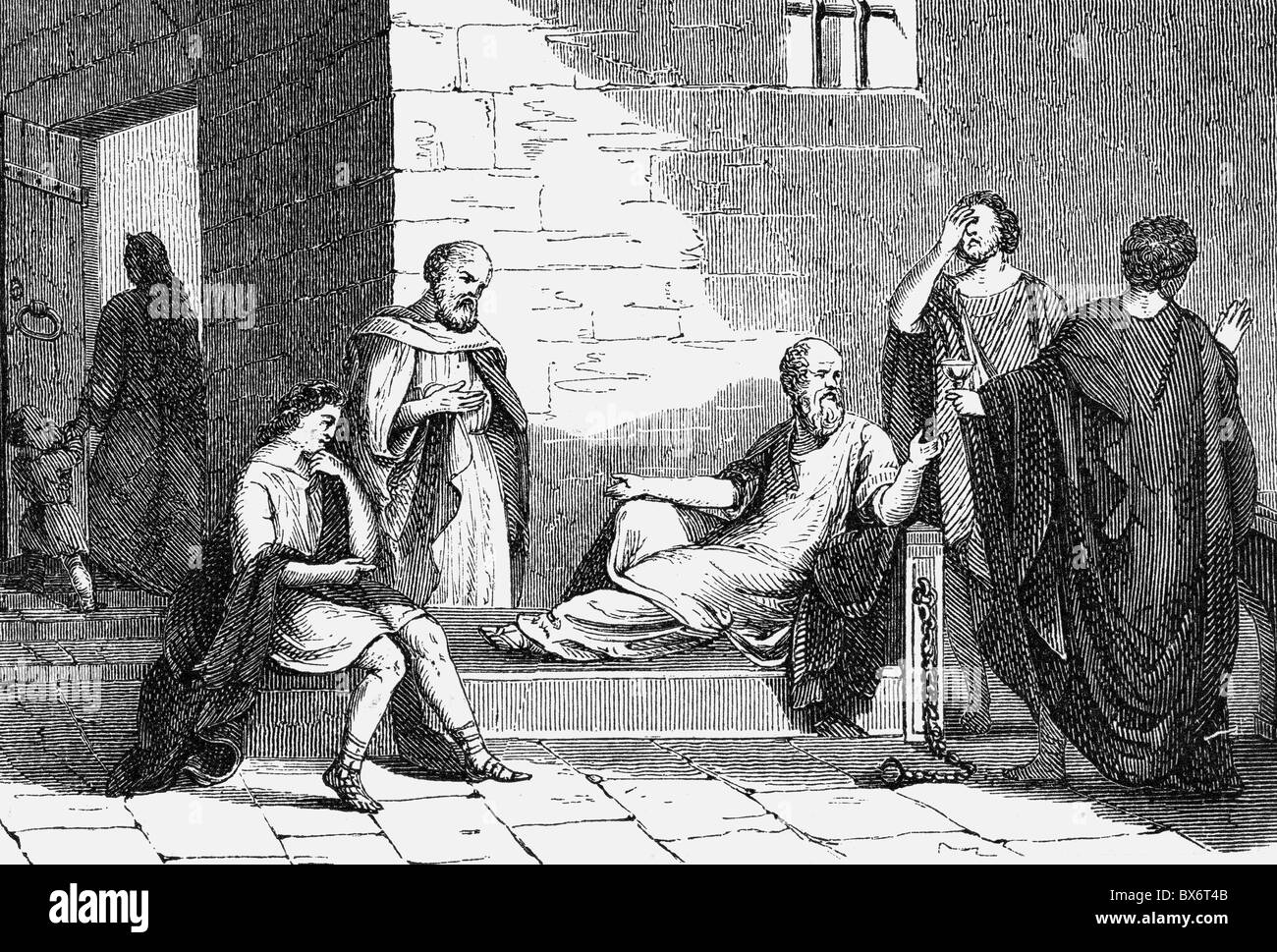 Socrates, 469 - 399 a.C., filosofo greco, in prigione, circondato dai suoi studenti, incisione in legno, 19th secolo, , Foto Stock
