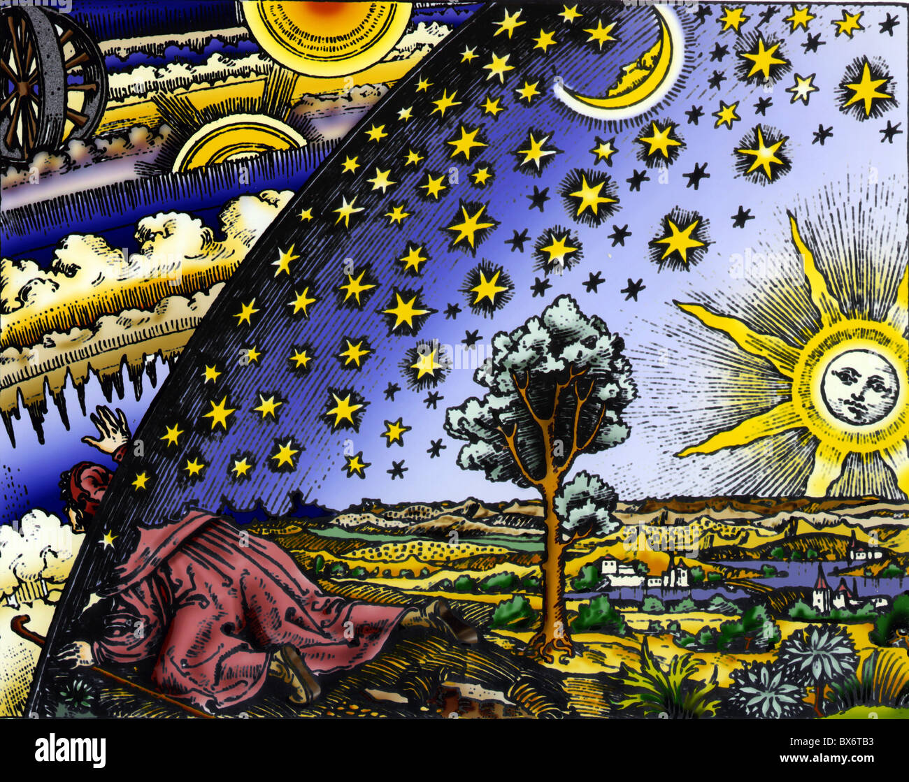 Astronomia, immaginazione del mondo, 'uno sguardo al cosmo sconosciuto', artista sconosciuto, 15 ° / 16 ° secolo, colorato, Additional-Rights-Clearences-non disponibile Foto Stock