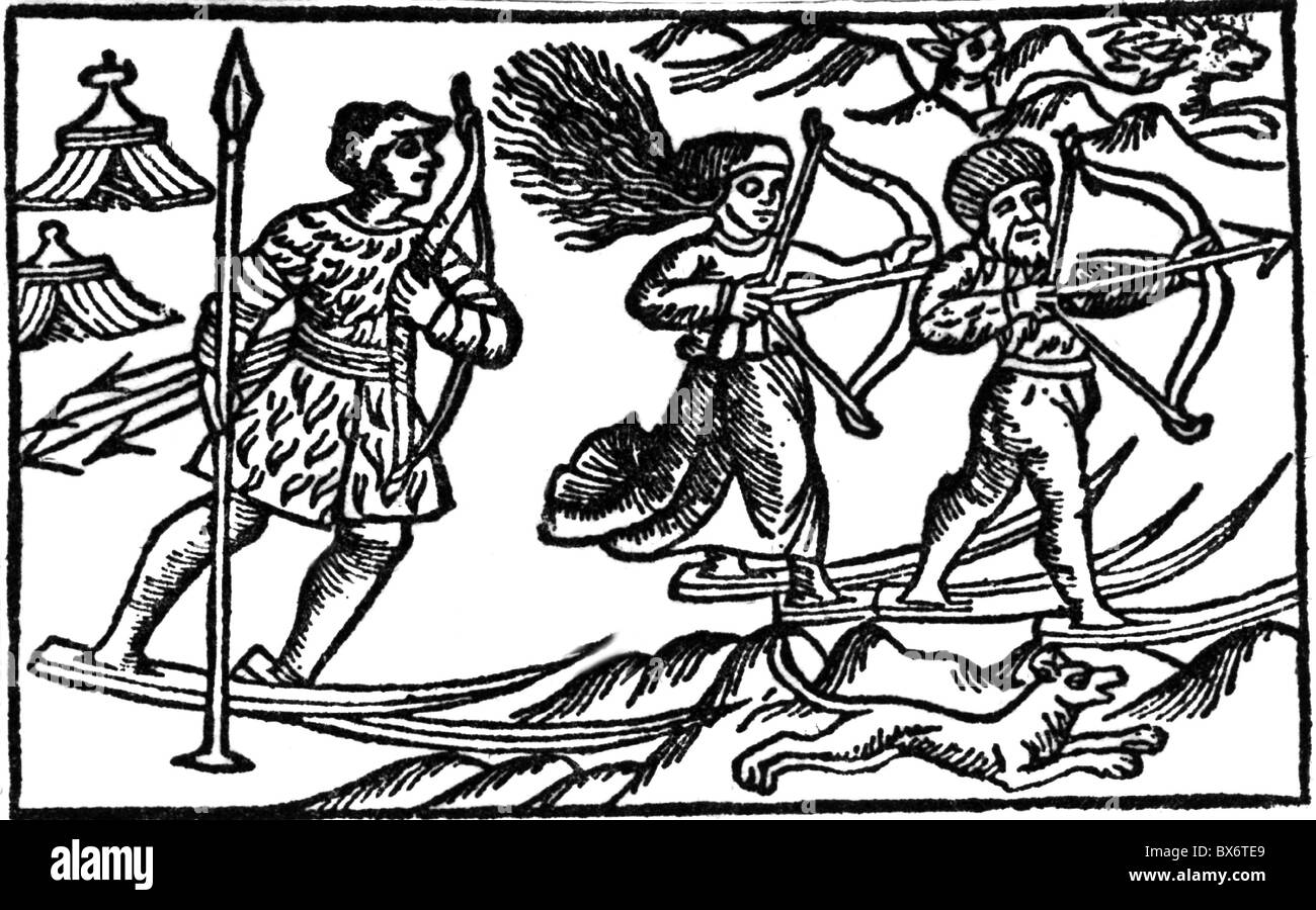 Sport, sport invernali, sci nordico, caccia scandinavi, illustrazione dopo Olaus Magnus / Historia de gentibus septentridionalibus, Roma, 1555, diritti-aggiuntivi-clearences-non disponibile Foto Stock
