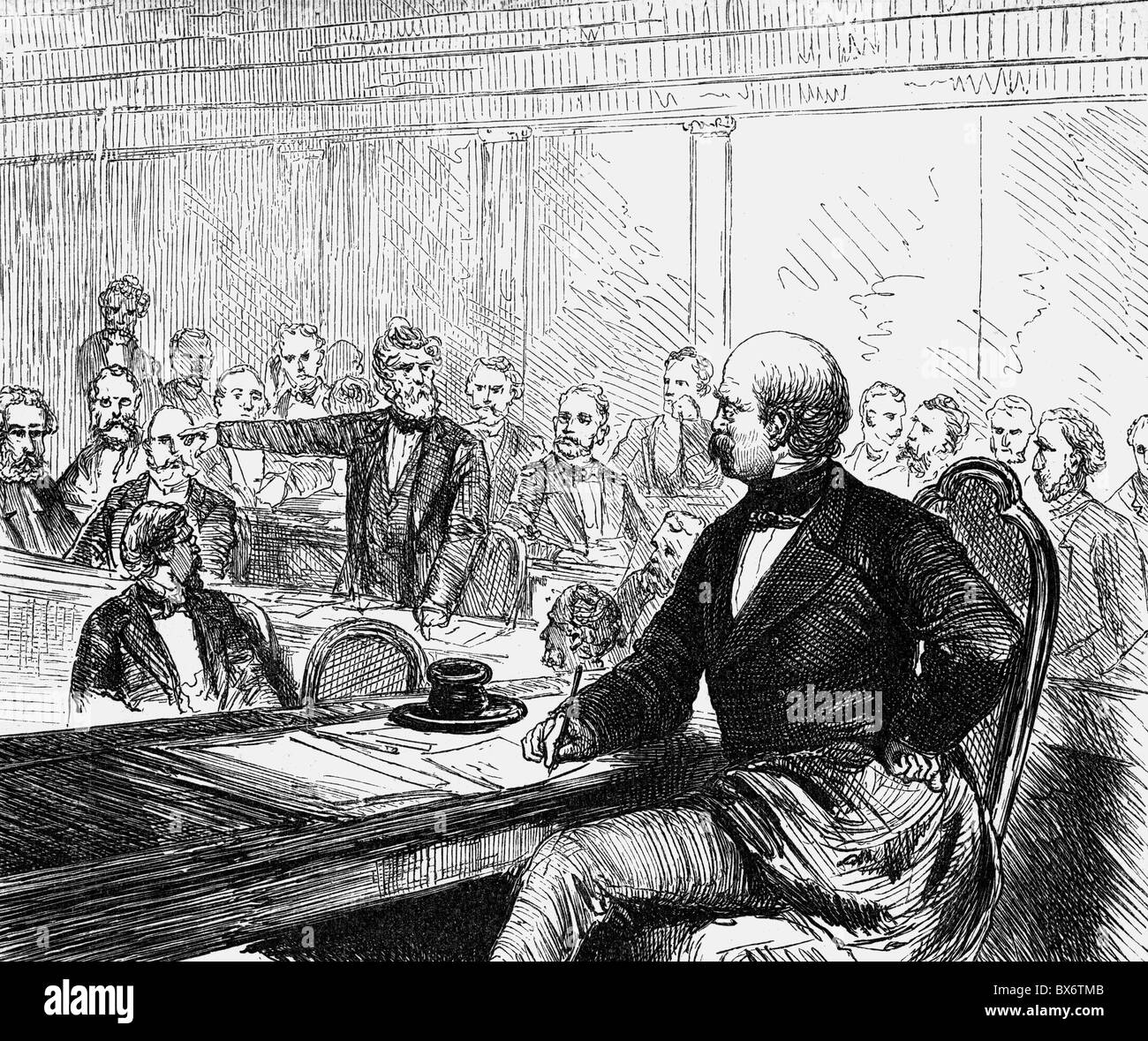 Bismarck, otto von, 1.4.1815 - 30.7.1898, politico tedesco, primo ministro della Prussia 23.9.1862 - 1.1.1873, al parlamento, 1863, incisione contemporanea del legno, Foto Stock