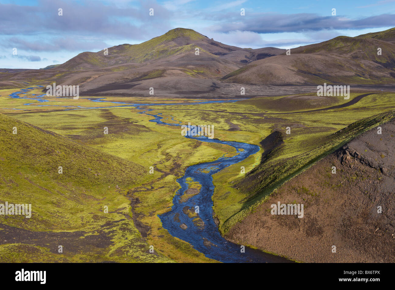 Il paesaggio della parte interna del F-208 percorso tra Holaskjol e Landmannalaugar, Islanda Foto Stock