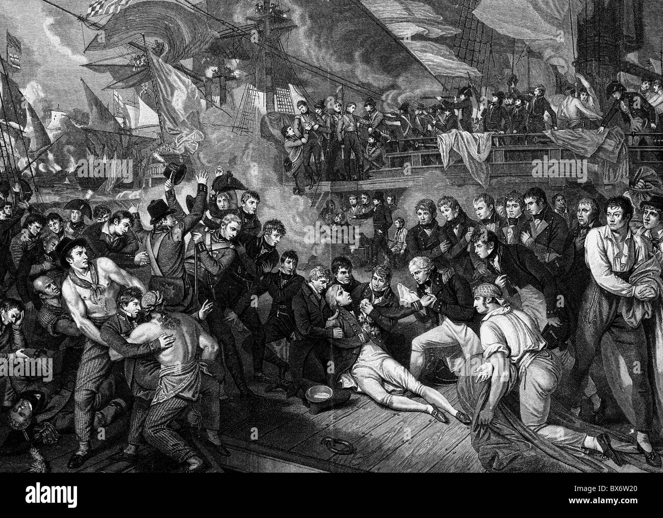 Nelson, Orazio, 29.9.1758 - 21.10.1805, ammiraglio inglese, la morte nella Battaglia di Trafalgar, incisione su rame di James Heath, 1811, , artista del diritto d'autore non deve essere cancellata Foto Stock