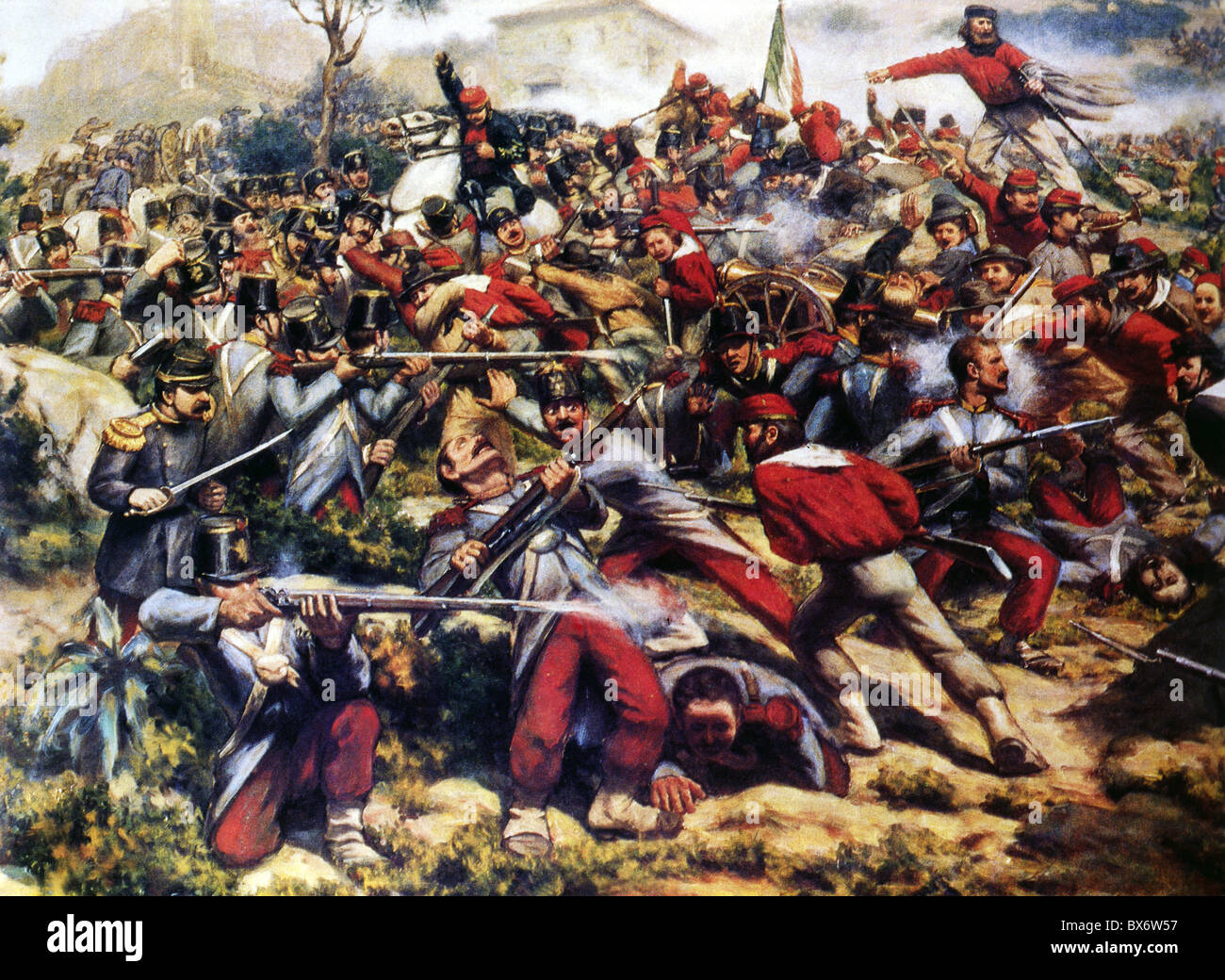 Geografia / viaggio, Italia, Risorgimento, Battaglia di Calatafimi, 18.5.1860, Giuseppe Garibaldi sconfiggendo le truppe napoletane, litografia contemporanea, 19 ° secolo, diritti aggiuntivi-clearences-non disponibile Foto Stock