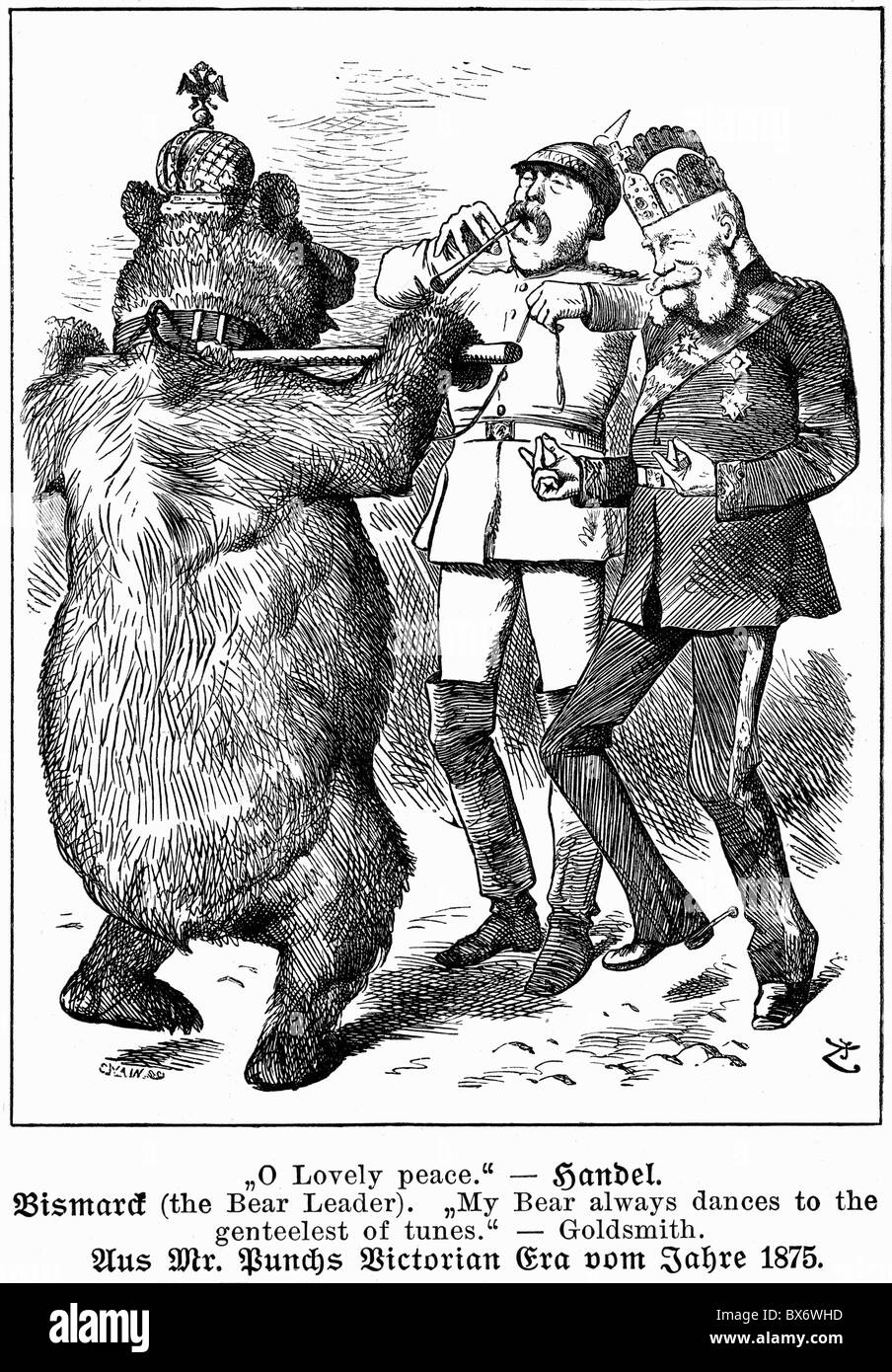 Bismarck, otto von, 1.4.1815 - 30.7.1898, politico tedesco, cancelliere imperiale 17.4.1871 - 20.3.1890, caricatura, come allenatore di orso, 'o bella pace', incisione del legno, 'Punch', 1875, , Foto Stock