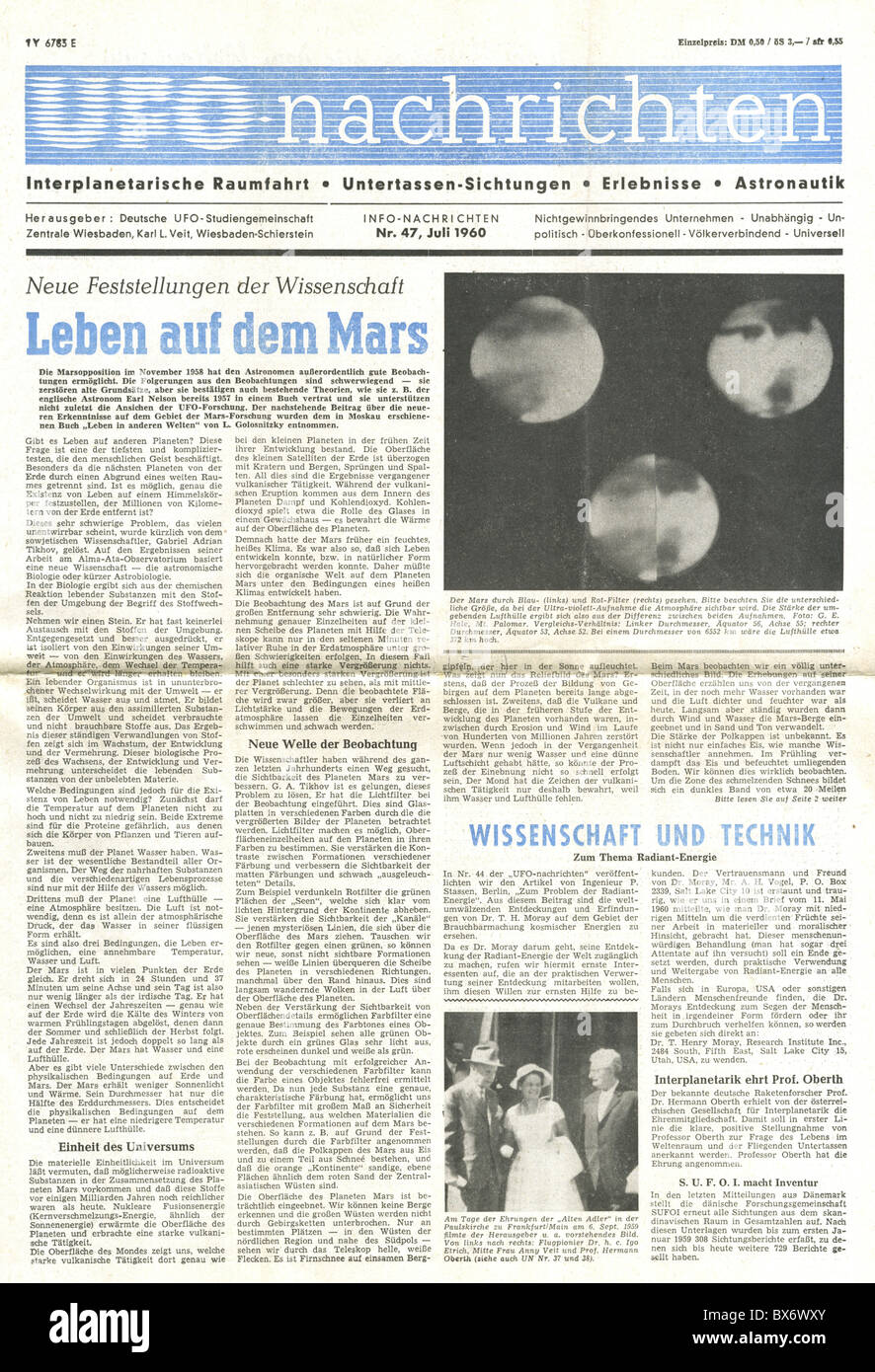 astronautica, flying object, stampa, giornale, 'UFO nachrichten' (ufo news), edizione n° 47, titolo: 'Leben auf dem Mars' (vita sulle Marte), luglio 1960, Additional-Rights-Clearences-Not Available Foto Stock