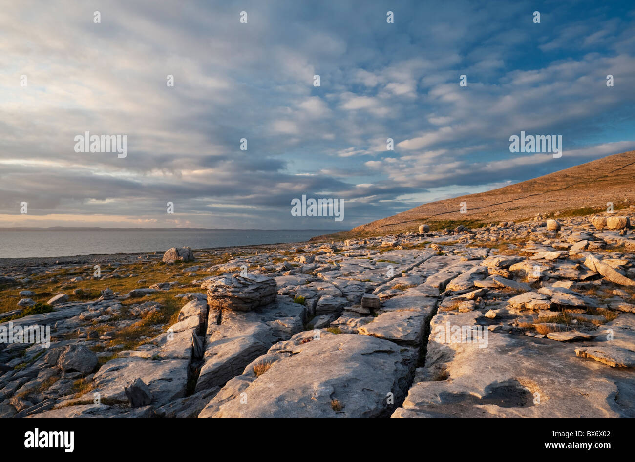 Pavimentazione di pietra calcarea e massi erratici in The Burren, vicino a testa nera, Co Clare, Irlanda Foto Stock