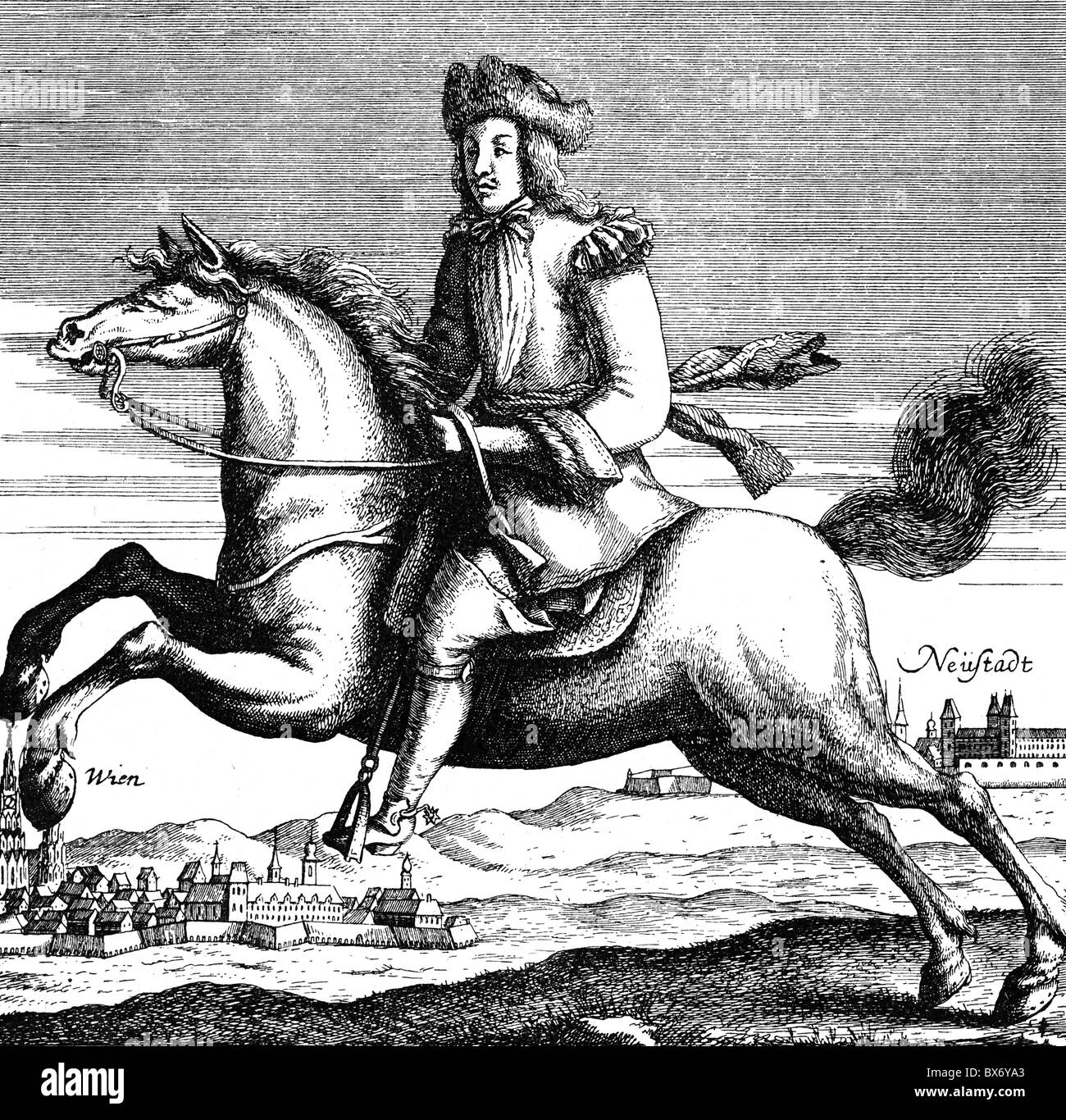 Hermann Otto II di Limburg Stirum, 1.4.1646 - 9.7.1704, Imperial maresciallo di campo, a piena lunghezza e come colonnello, a cavallo, incisione su rame, circa 1680, artista del diritto d'autore non deve essere cancellata Foto Stock