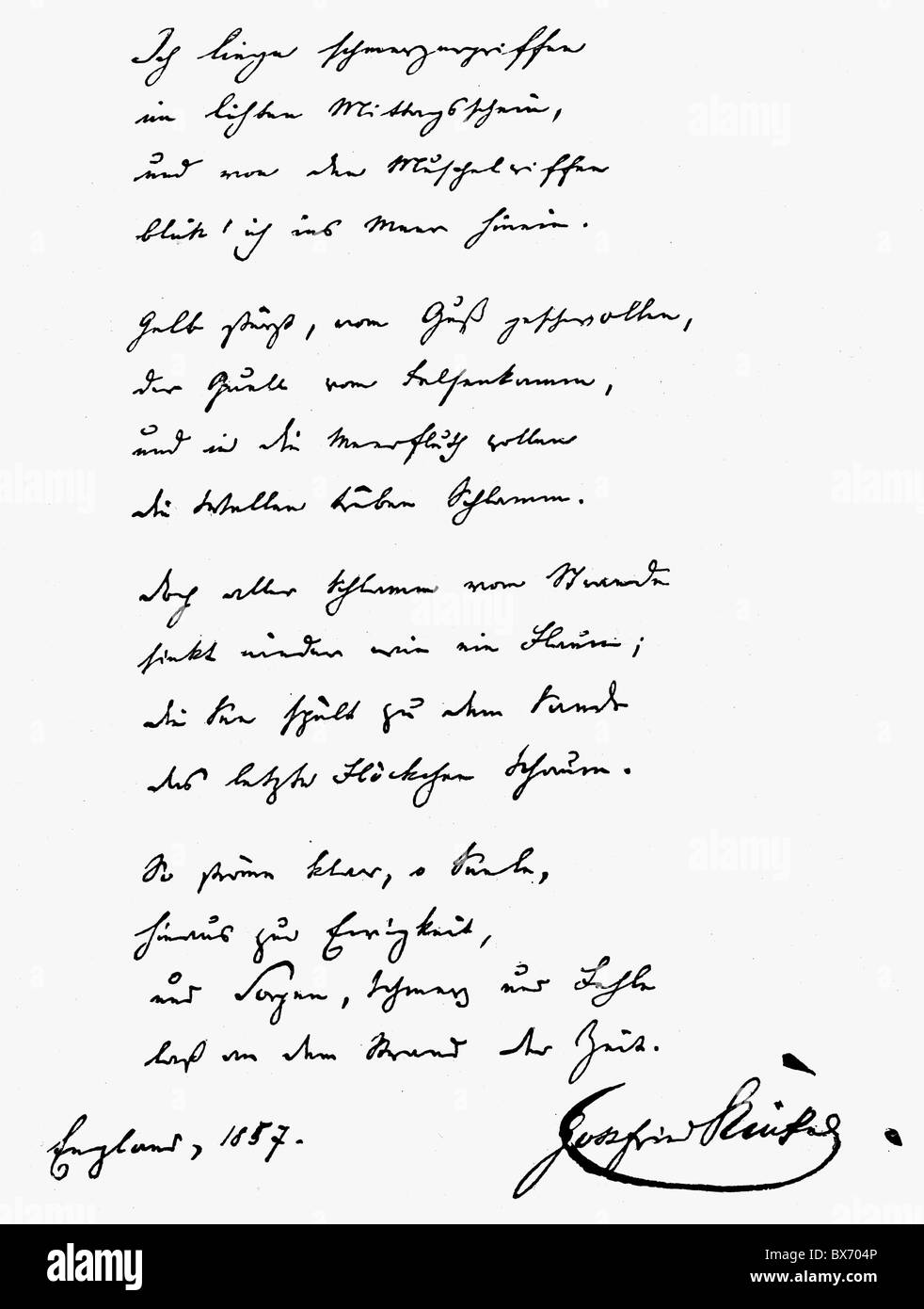 Kinkel, Johann Gottfried, 11.8 1815 - 13.11.1882, autore/scrittore tedesco, manoscritto, poesia, Inghilterra, 1857, , Foto Stock