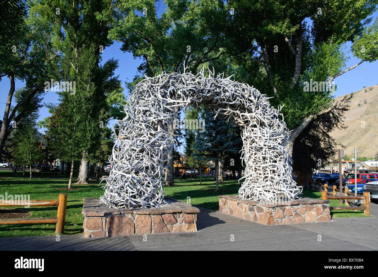 Di corna di alce Arch, Town Square, Jackson Hole, Wyoming USA Foto Stock