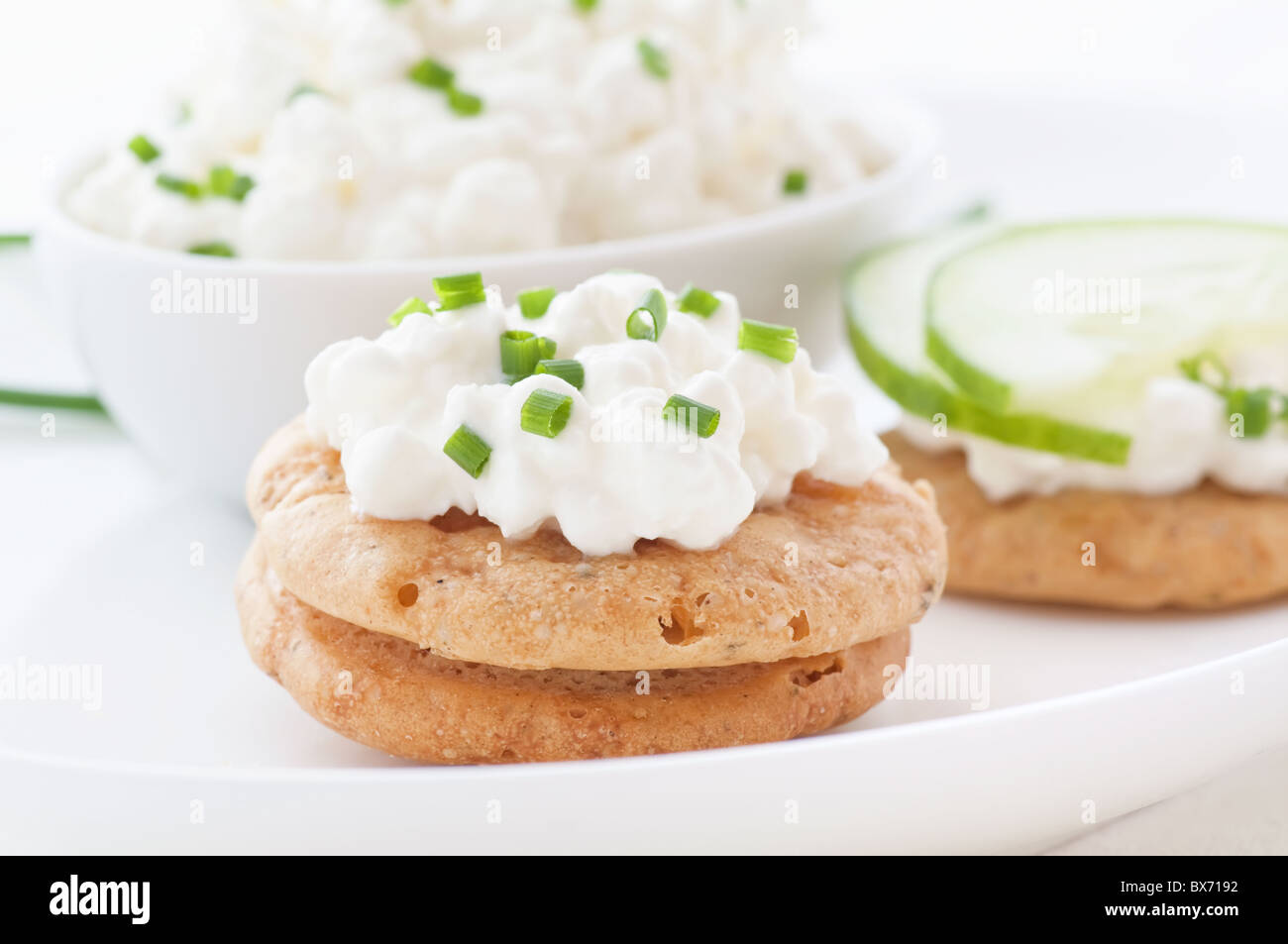 Per la ricotta con il cetriolo sul cracker con erbe aromatiche come closeup Foto Stock