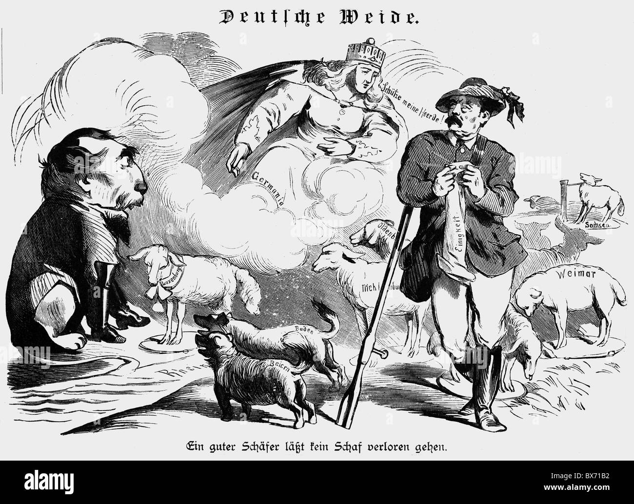 Bismarck, otto von, 1.4.1815 - 30.7.1898, politico tedesco, Cancelliere federale della Confederazione tedesca del Nord 1.7.1867 - 18.1.1871, caricatura, 'pascolo tedesco: Un buon pastore non avrà una pecora perduta', incisione del legno, 'Kladderadatsch', 1867, , Foto Stock