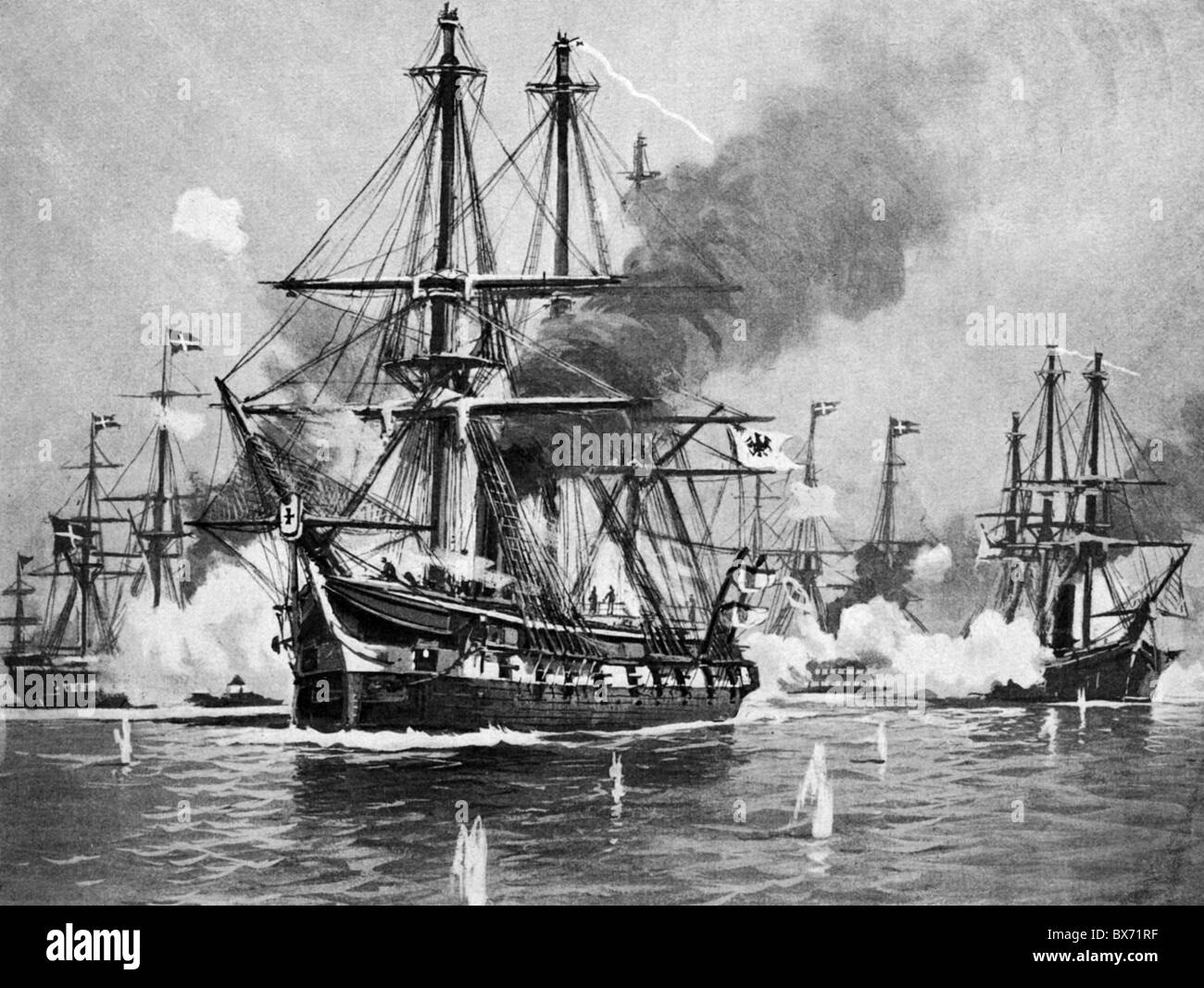 Eventi, seconda guerra dello Schleswig 1864, Battaglia di Jasmund, 17.3.1864, stampa dopo pittura di Carl Schoen, Guerre di unificazione tedesca, militare, prussiano, storico, Germania, Danimarca, tedesco, danese, Prussia, lotta, lotta, guerra navale, guerra in mare, nave da guerra, navi a vela, nave, marina, XIX secolo, sparo, Schon, Schön-diritti aggiuntivi, non disponibili Foto Stock