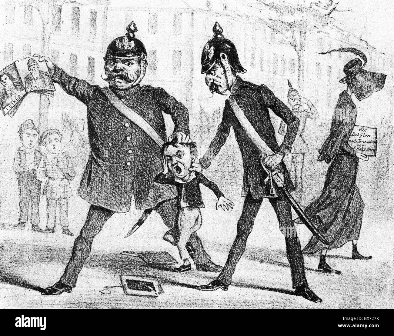 Mazzini, Giuseppe, 22.6.1805 - 10.3.1872, politico italiano, caricatura sul timore di Mazzini: Uno degli agenti di azzini viene arrestato perché la polizia lo trovò portando un libro con una copertina "revoluzionale", disegno, Amburgo, Germania, novembre 1851, Foto Stock