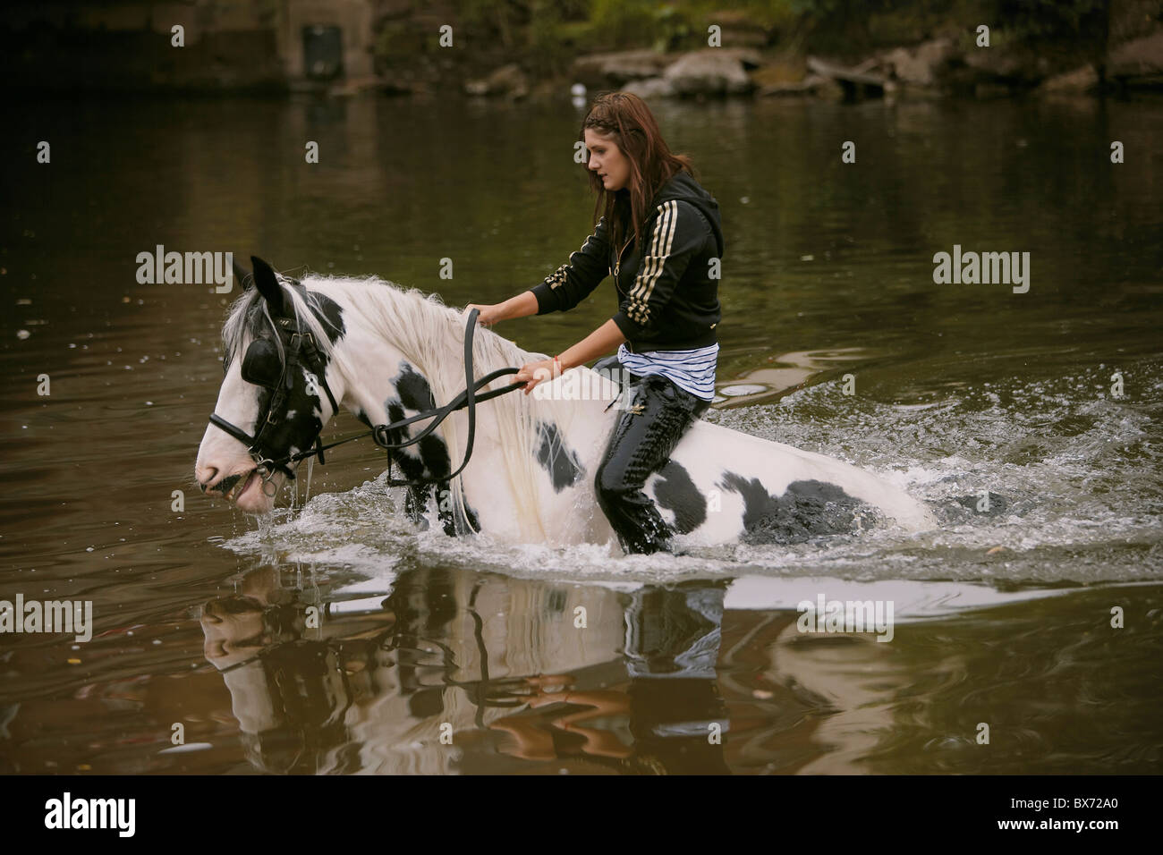 Viaggiatore zingaro equitazione e lavaggio di un cavallo nel fiume Eden durante il Appleby Horse Fair, Appleby-in-Westmoreland, Cumbria, Regno Unito Foto Stock