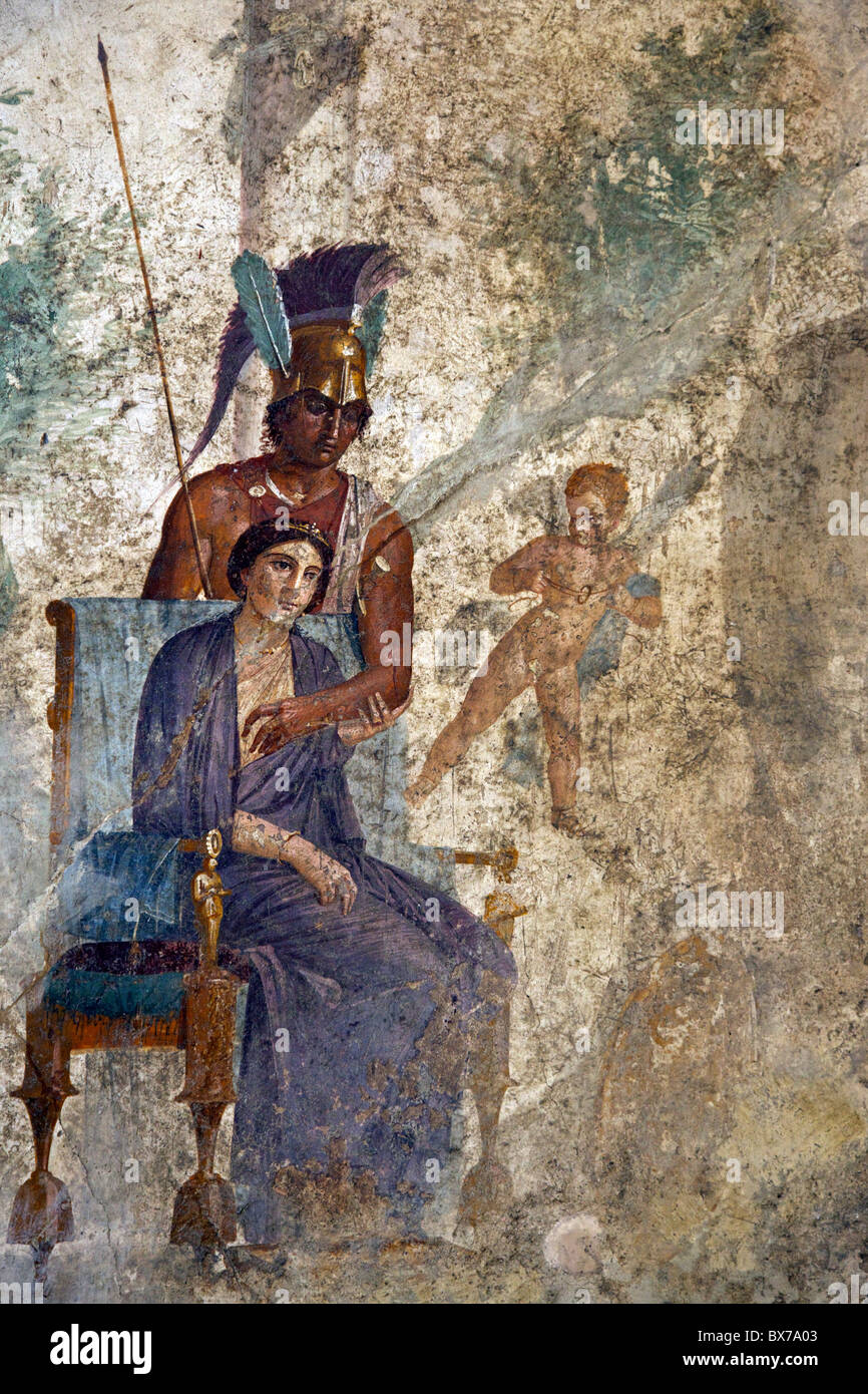 Affresco di Venere sedotto da Marte con Cupido e cameriera, casa di punito amore da Pompei, Museo Archeologico Nazionale, Italia Foto Stock