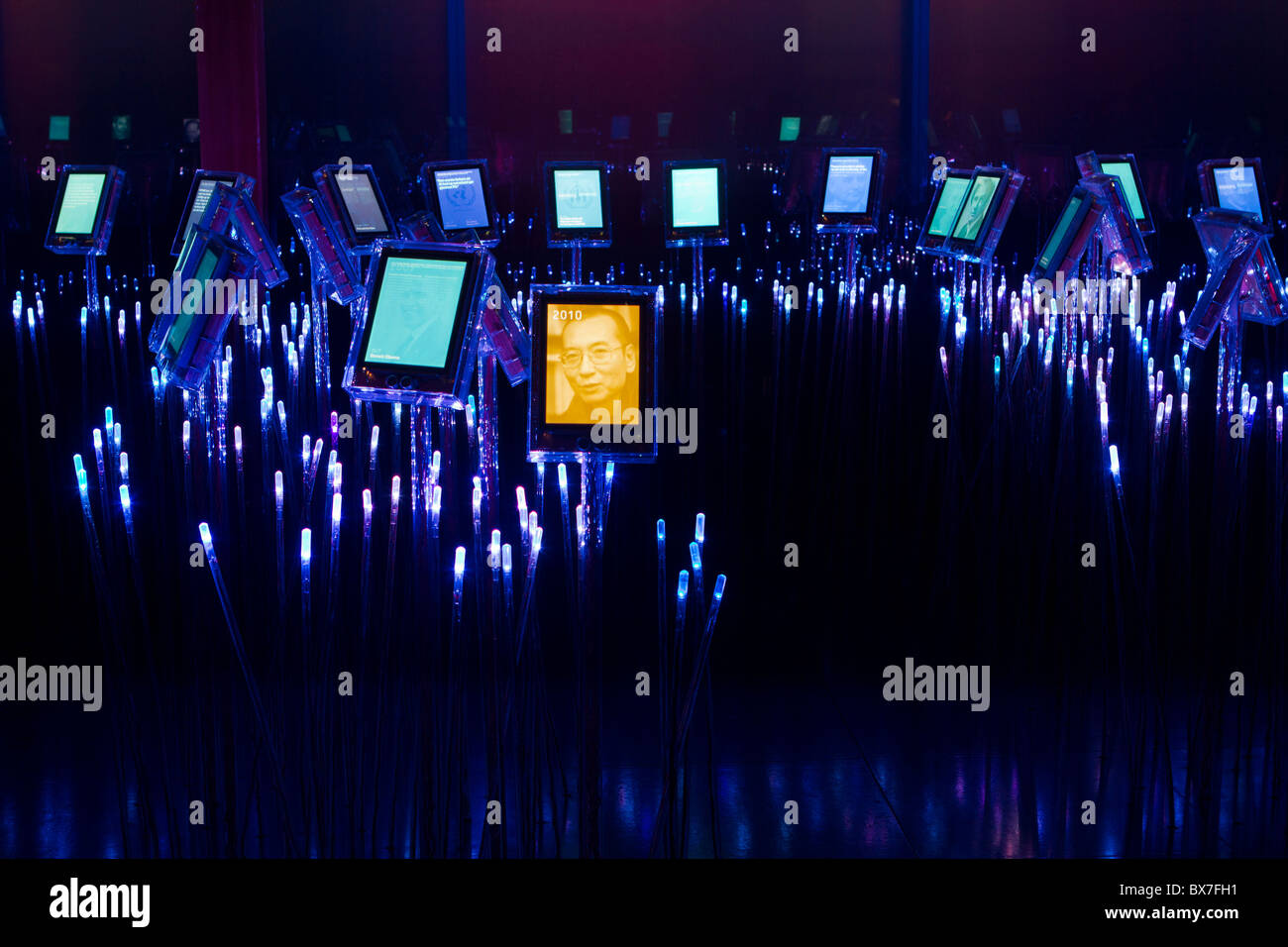 Il 'Nobel' di campo è un anno mostra interattiva al Premio Nobel per la Pace nel centro di Oslo, Norvegia. Disegnato da David piccolo, l'installazione è composta da centinaia di punti di luce e il sensore-dotate di schermi piatti visualizzando il Premio Nobel per la Pace di laureati (compresi, frontale e centrale, il dissidente cinese Liu Xiaobo, vincitore del premio 2010) e le loro conquiste. (Foto di Scott London) Foto Stock