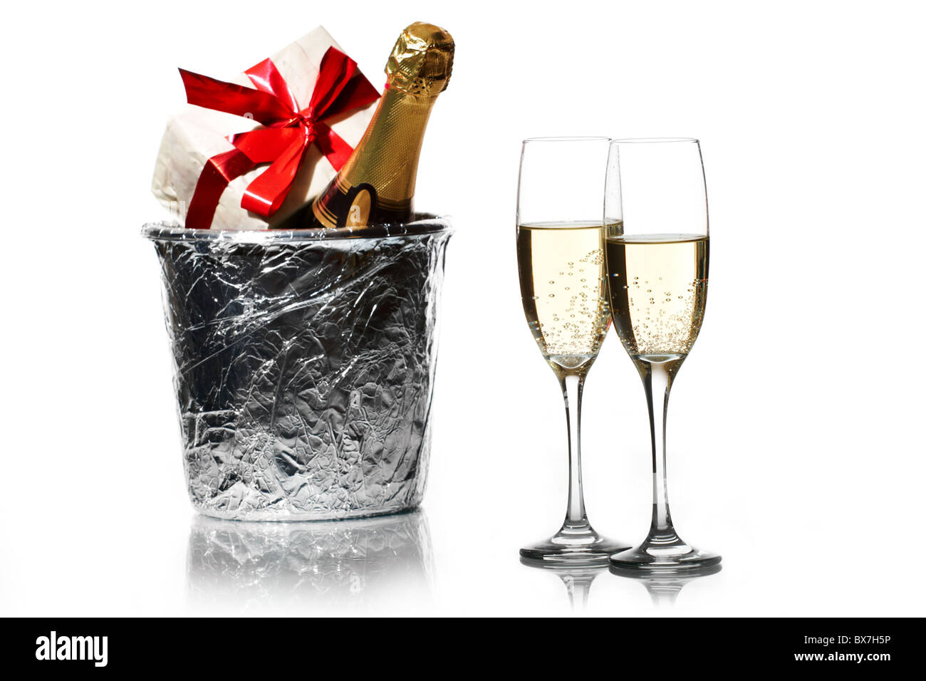 Champagne flauti e Secchiello per ghiaccio Foto Stock