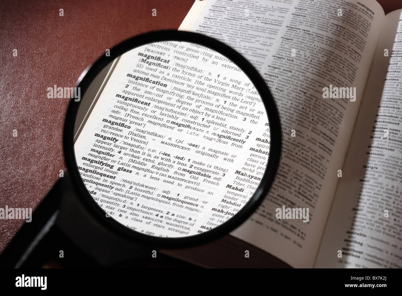La lettura di un dizionario con una lente di ingrandimento per leggere la  definizione di 'magnification', 'Ingrandisci' e 'magnifying glass' Foto  stock - Alamy