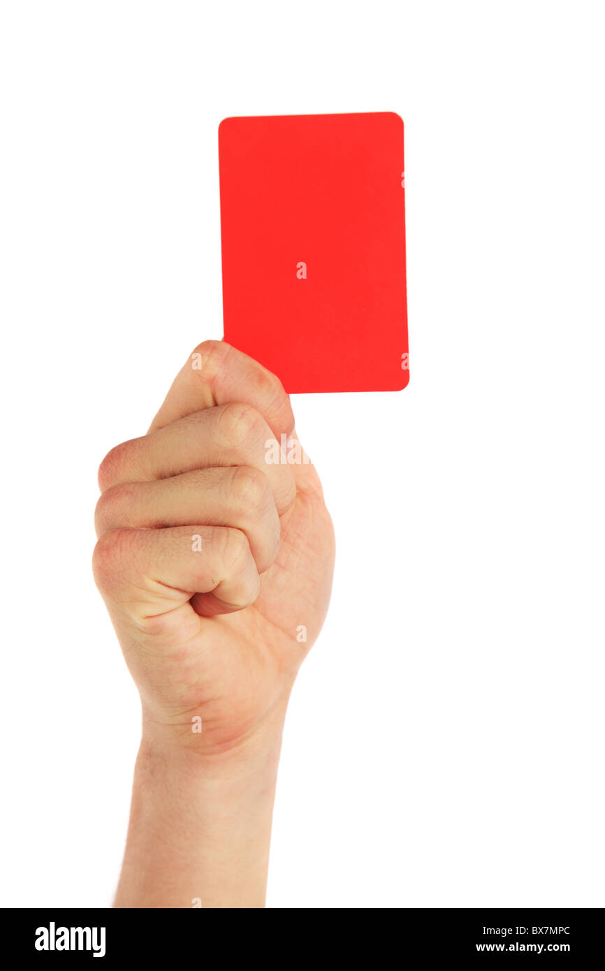 Caucasian mano azienda red card. Tutto su sfondo bianco Foto Stock