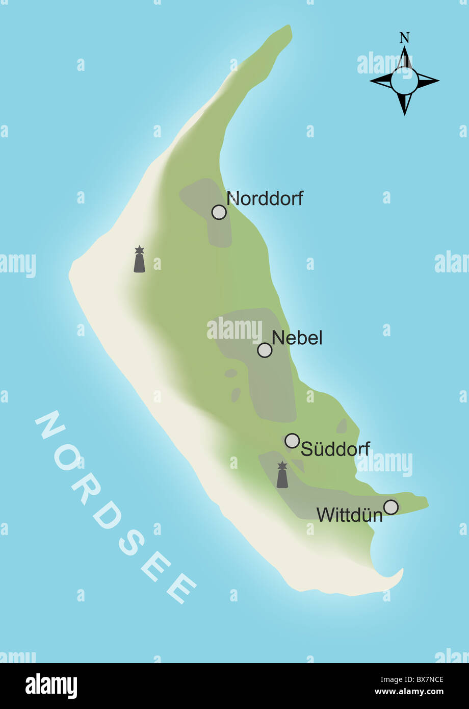 Una mappa stilizzata dell'isola tedesca Amrum nel Mare del Nord. Amrum è un turista tedesco magnete durante la stagione estiva. Foto Stock
