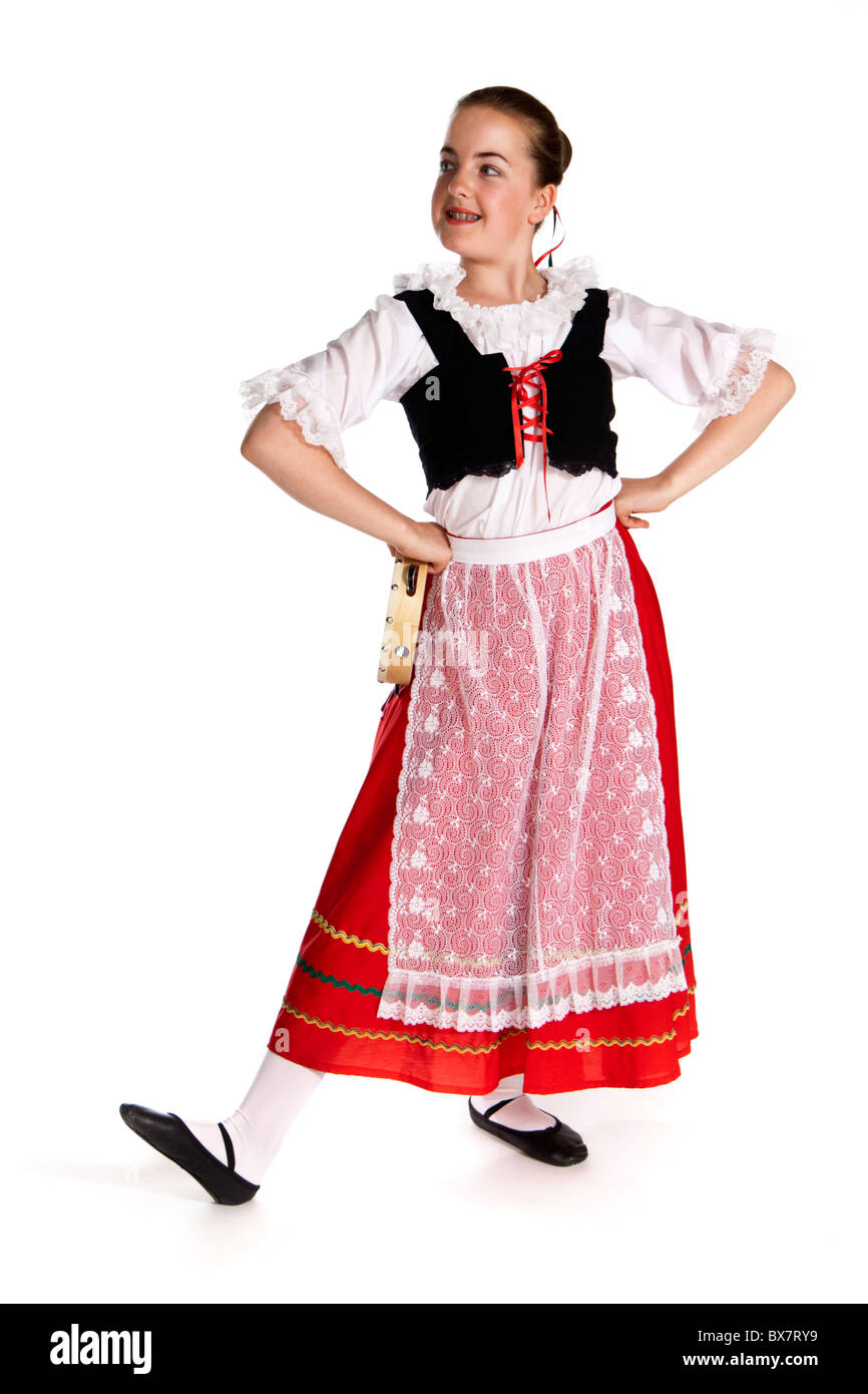 Studio shot della giovane ragazza in colorate nazionale italiano di ballo folk costume Foto Stock