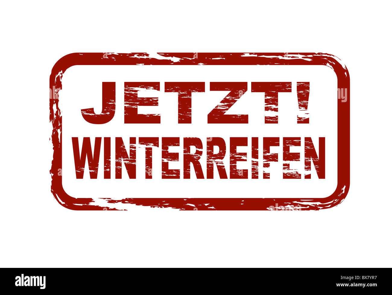Stilizzata francobollo rosso mostra il termine tedesco Jetzt Winterreifen. Traduzione inglese: pneumatici invernali, ora. Tutto su sfondo bianco. Foto Stock